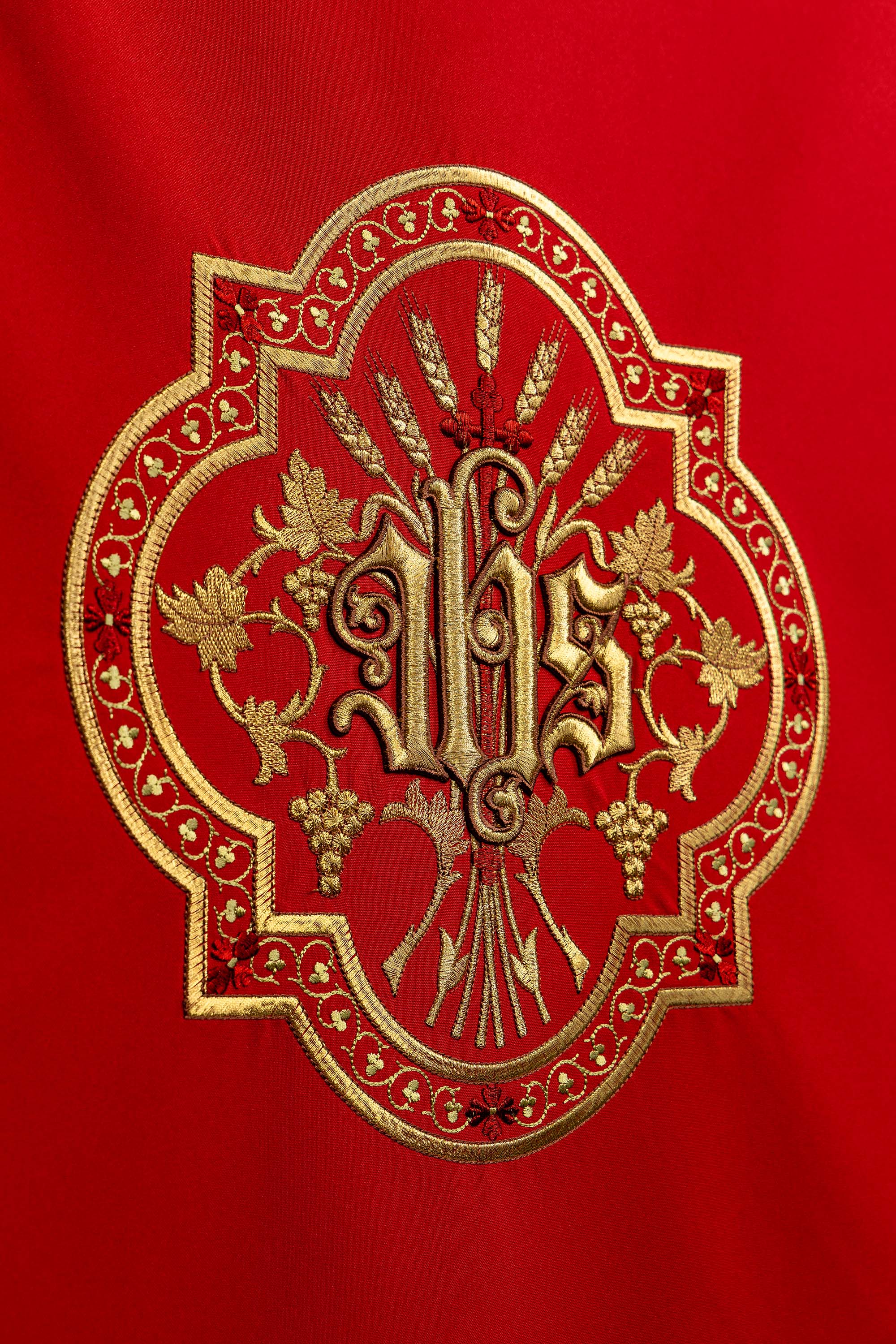 Red lectern cover with golden embroidery IHS
