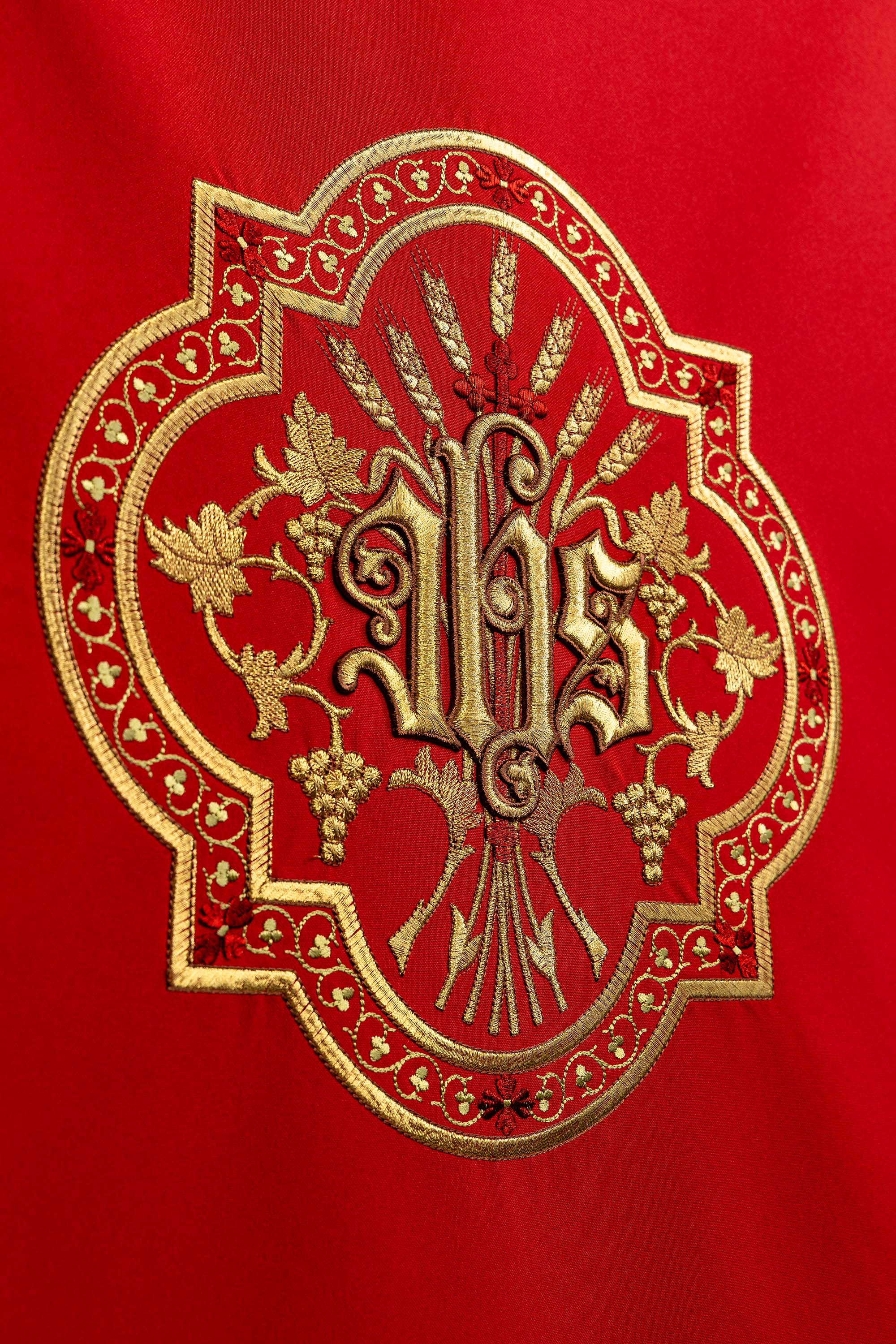 Red lectern cover with golden embroidery IHS
