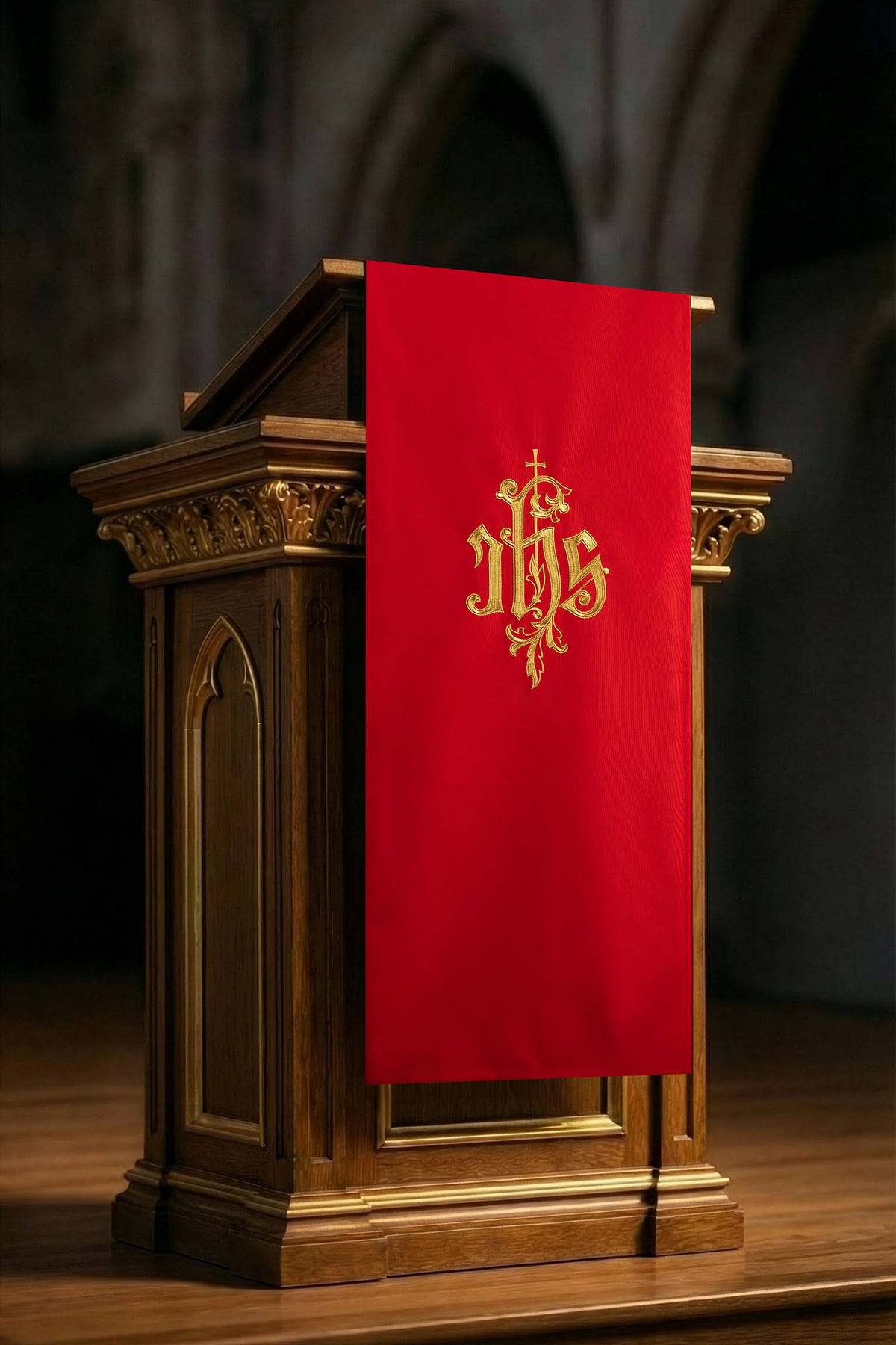 Red Lectern Cloth with Embroidered IHS Motif