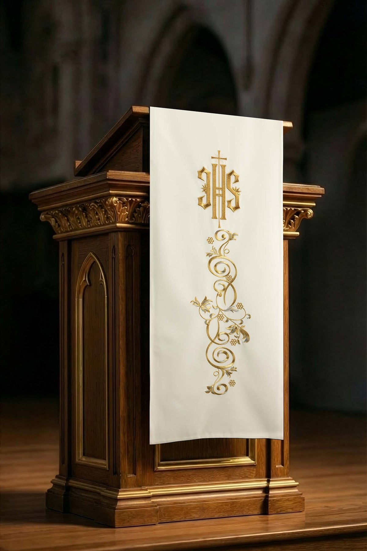 Ecru Lectern Cloth with IHS Embroidery and Botanical Ornament