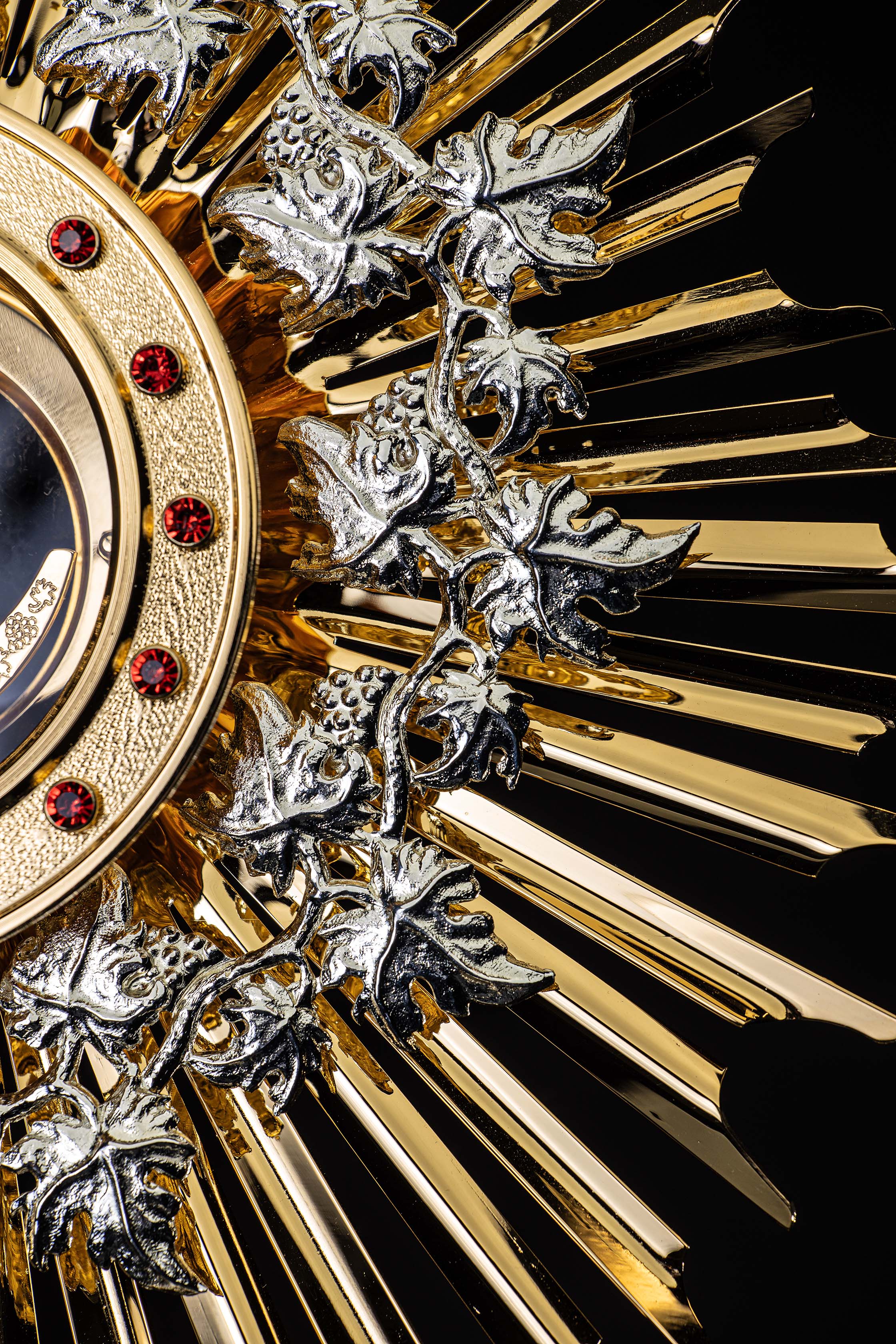 Handmade gilded brass monstrance decorated with rubies