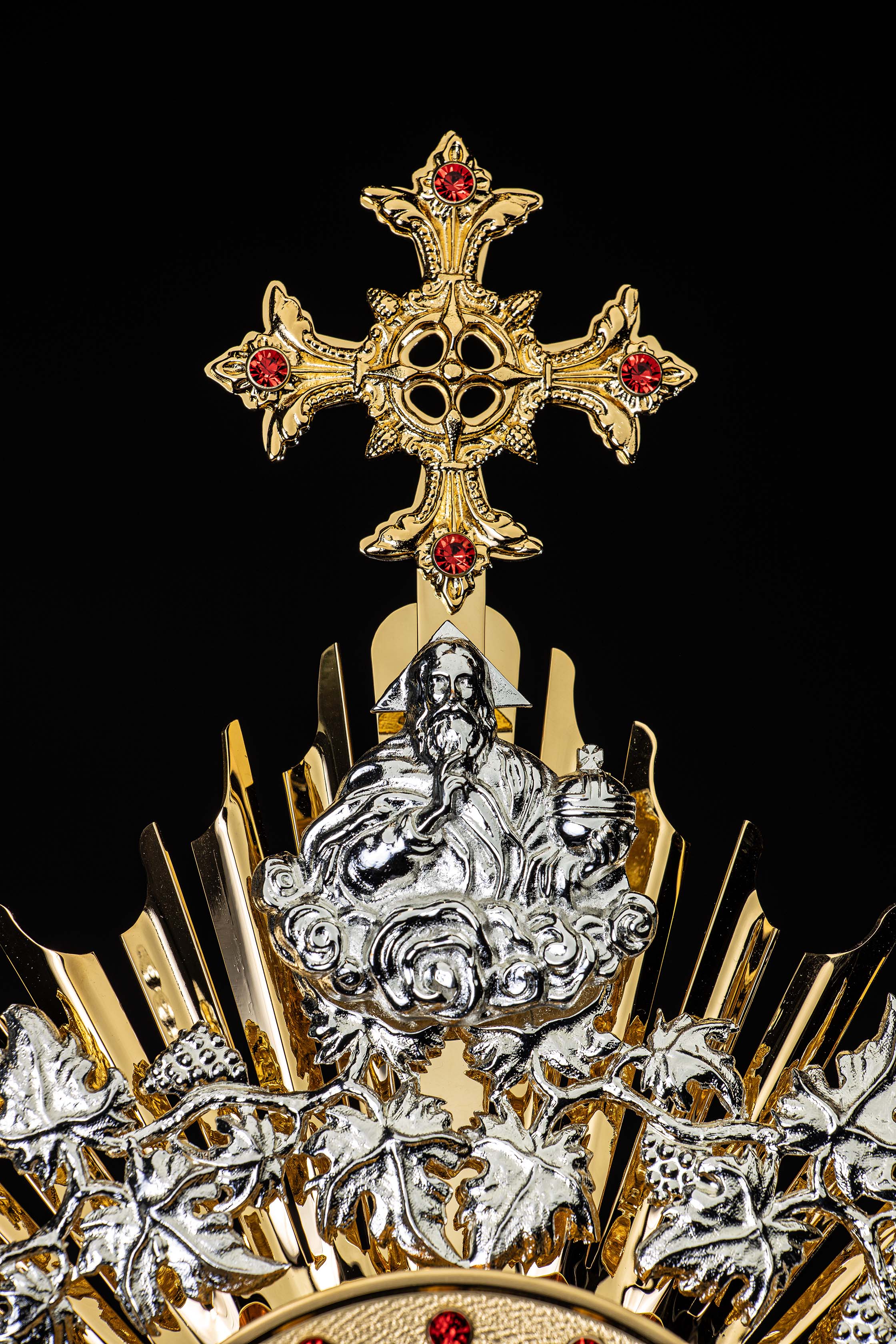 Handmade gilded brass monstrance decorated with rubies