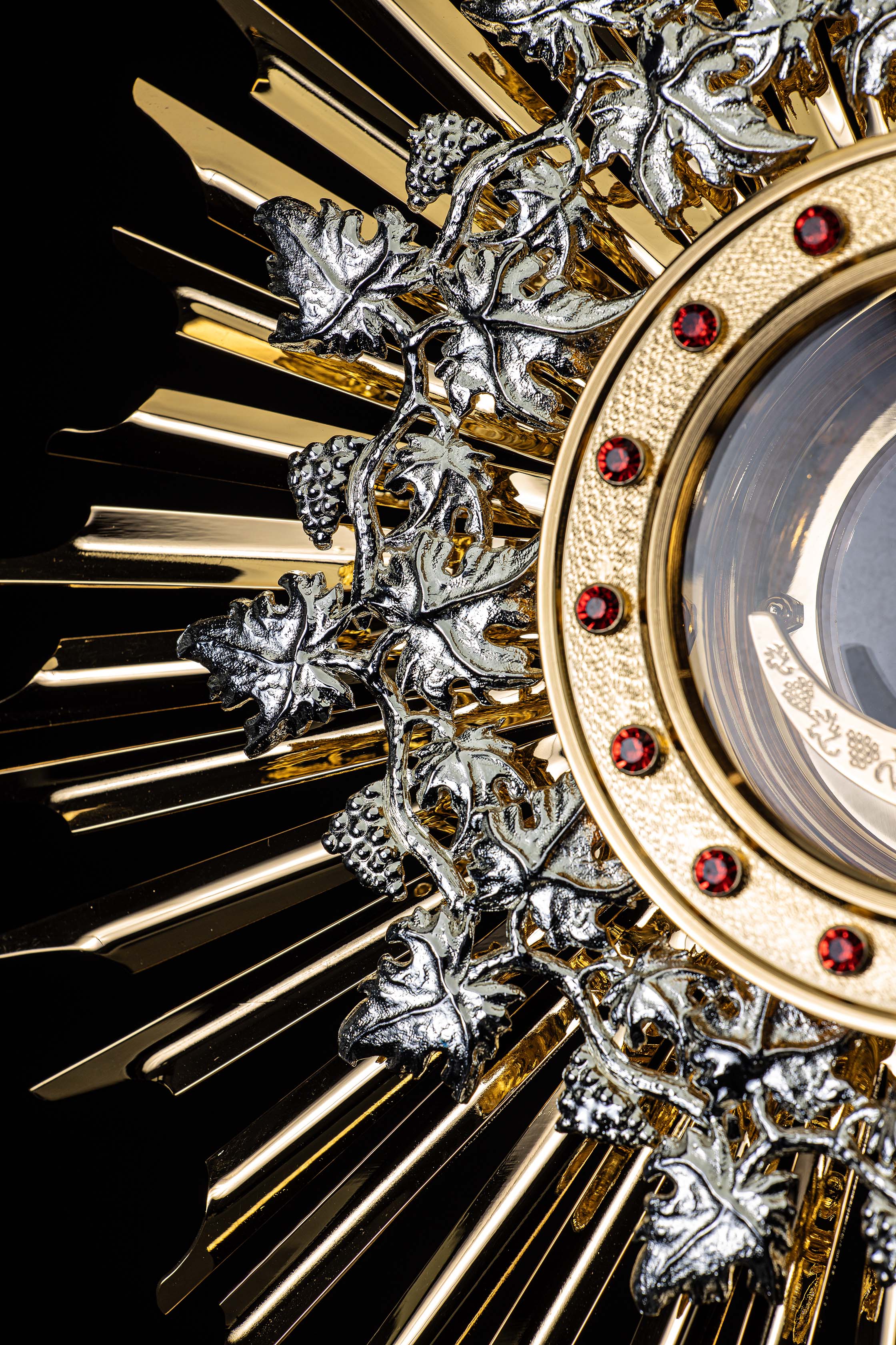 Handmade gilded brass monstrance decorated with rubies