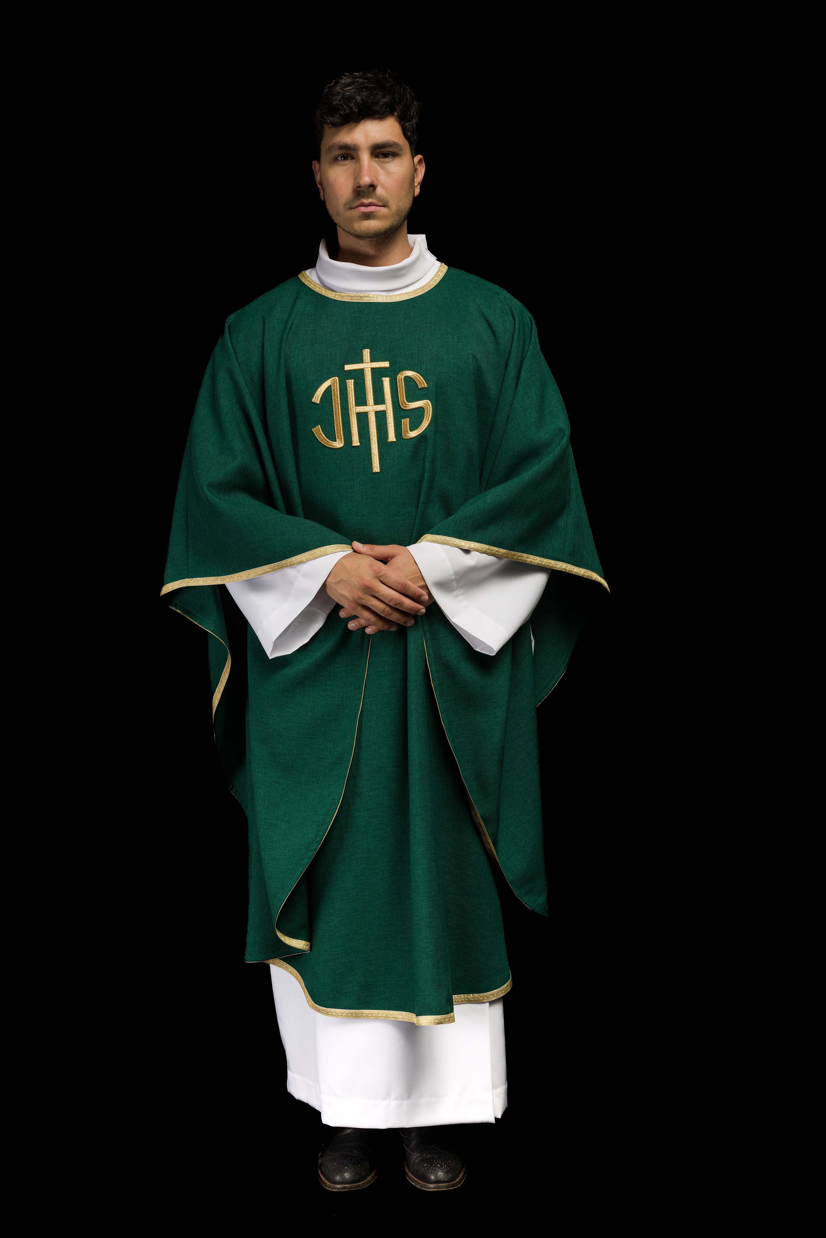 Green Liturgical Chasuble with Gold IHS Embroidery - CHASUBLES.COM
