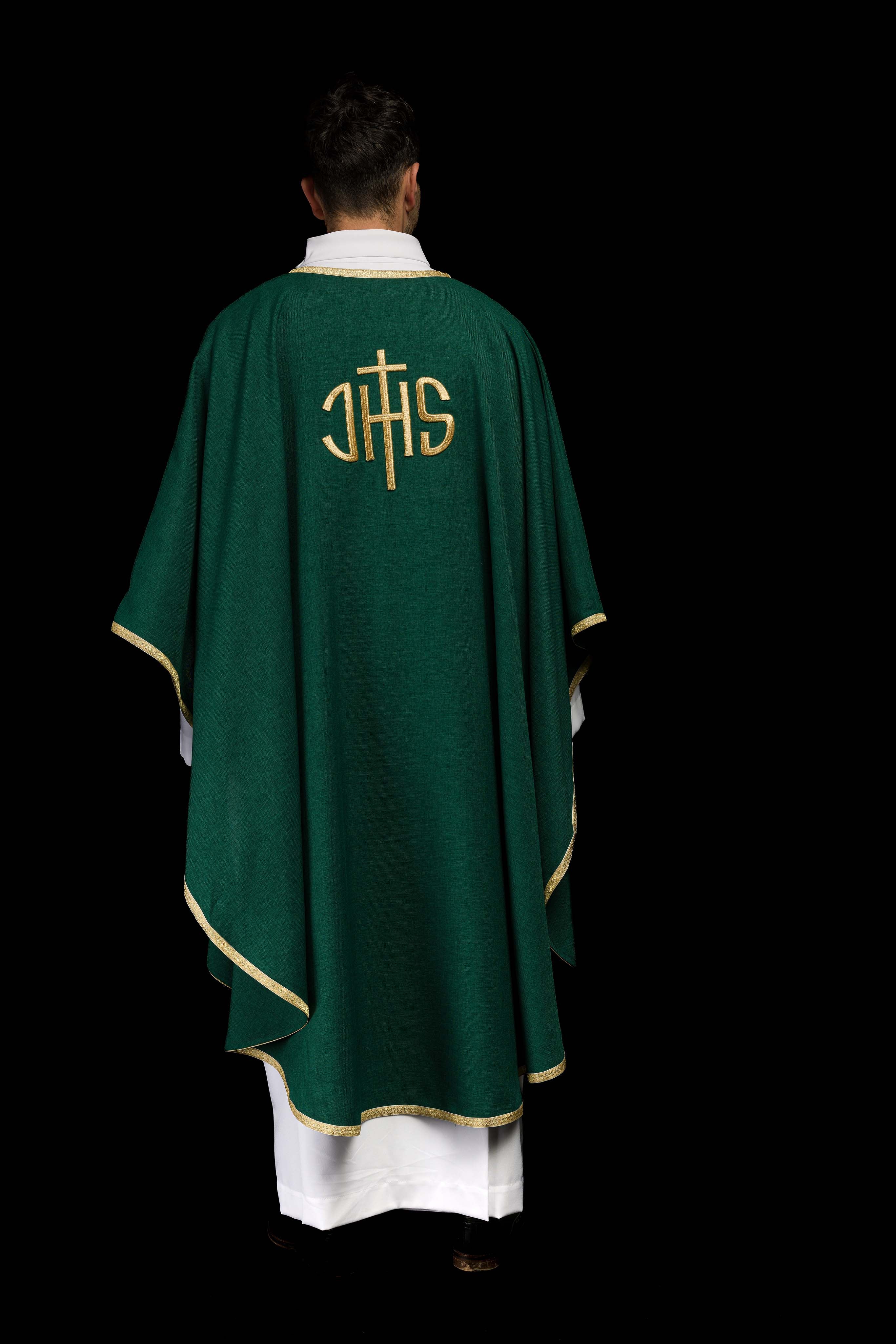Green Liturgical Chasuble with Gold IHS Embroidery - CHASUBLES.COM