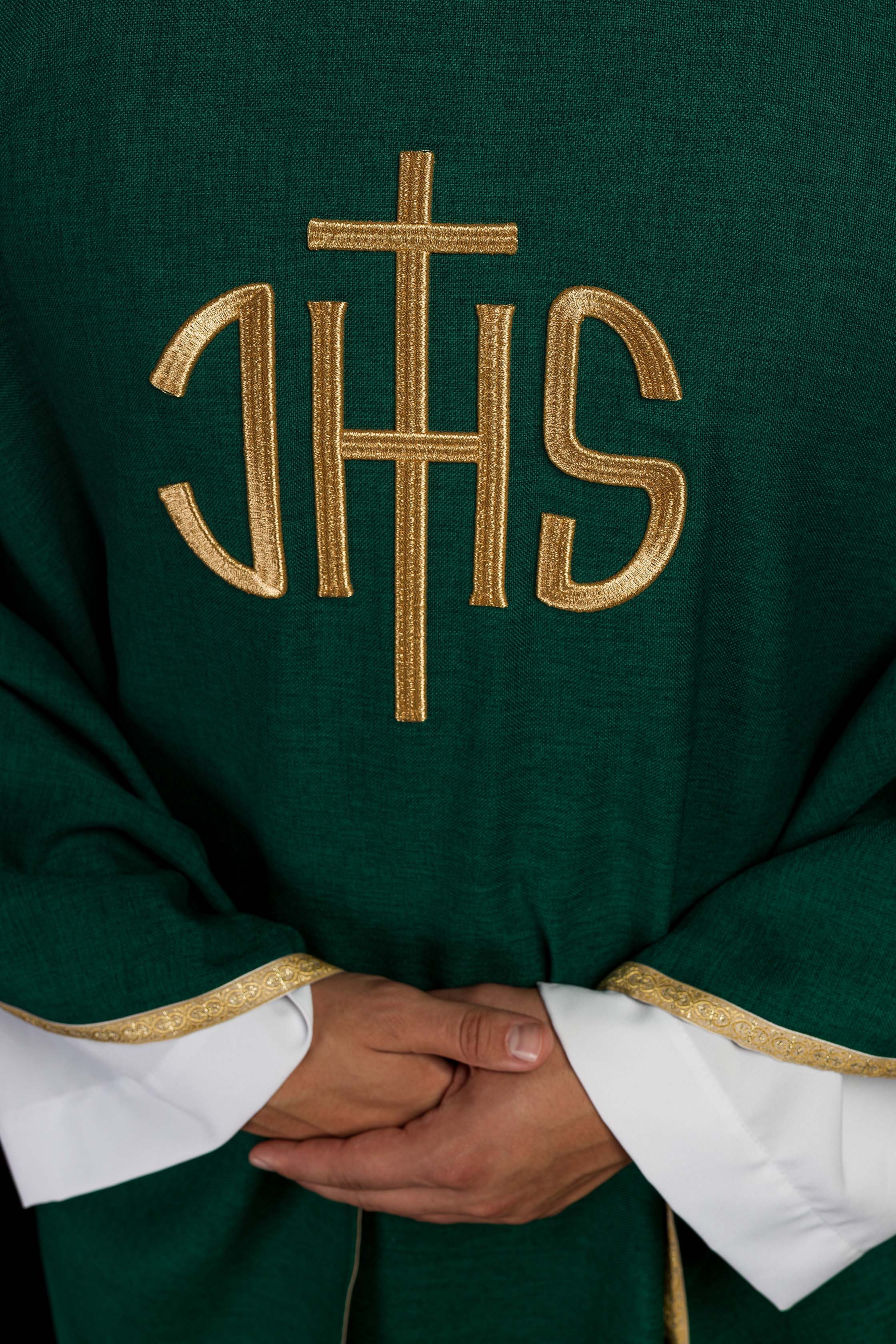 Green Liturgical Chasuble with Gold IHS Embroidery - CHASUBLES.COM
