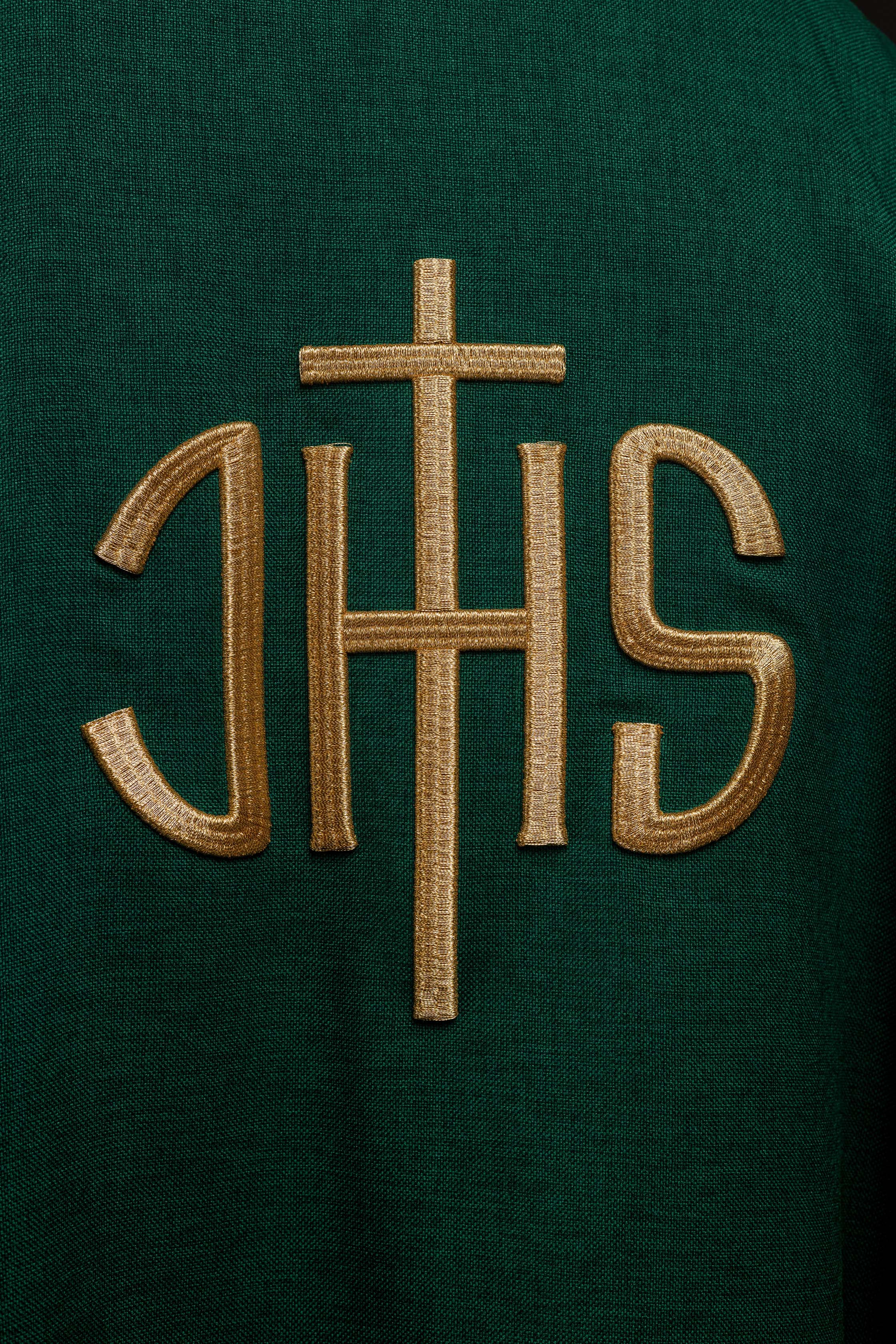 Green Liturgical Chasuble with Gold IHS Embroidery - CHASUBLES.COM