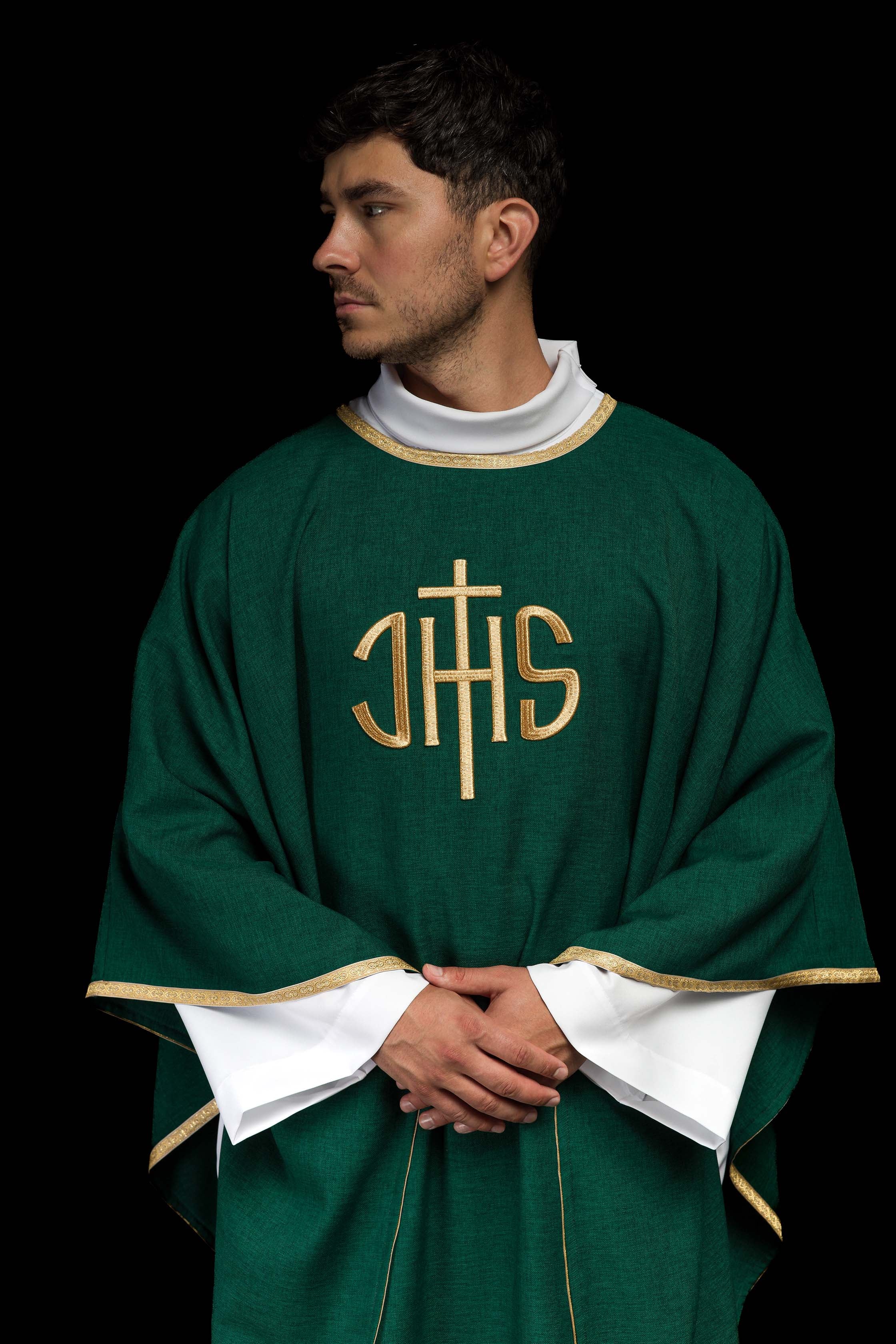 Green Liturgical Chasuble with Gold IHS Embroidery - CHASUBLES.COM