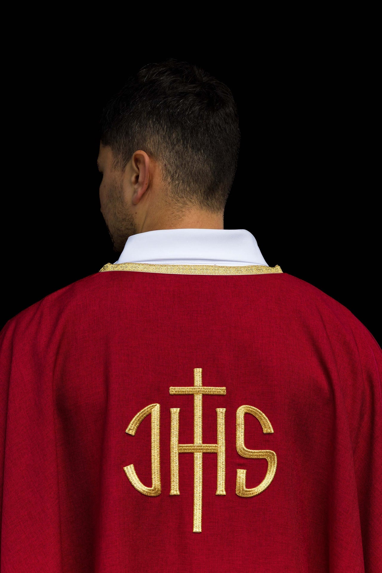 Red Liturgical Chasuble with Golden IHS Embroidery