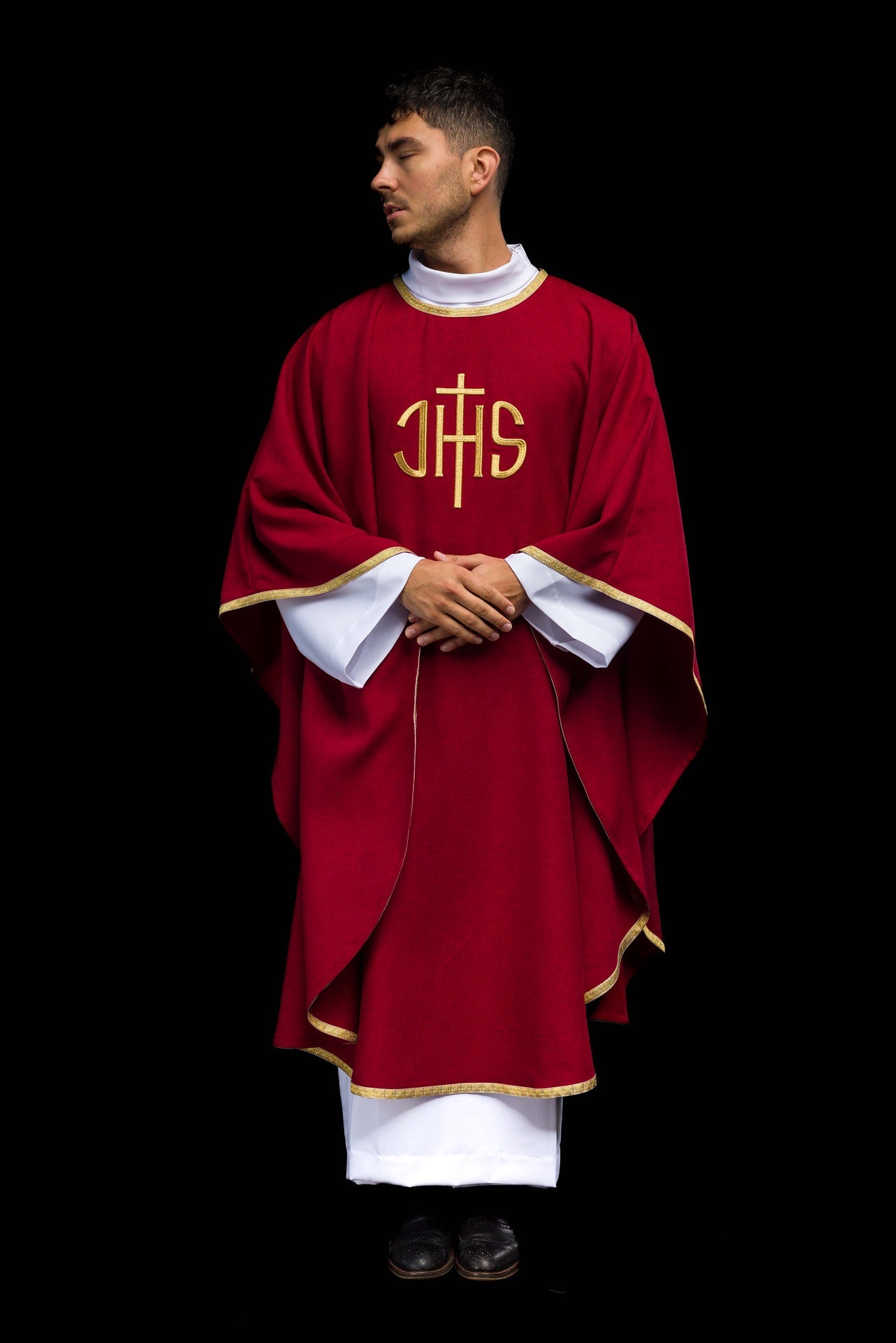 Red Liturgical Chasuble with Golden IHS Embroidery