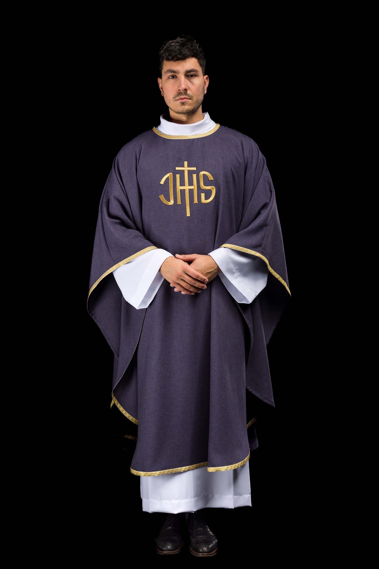 Purple liturgical chasuble with gold IHS embroidery - CHASUBLES.COM