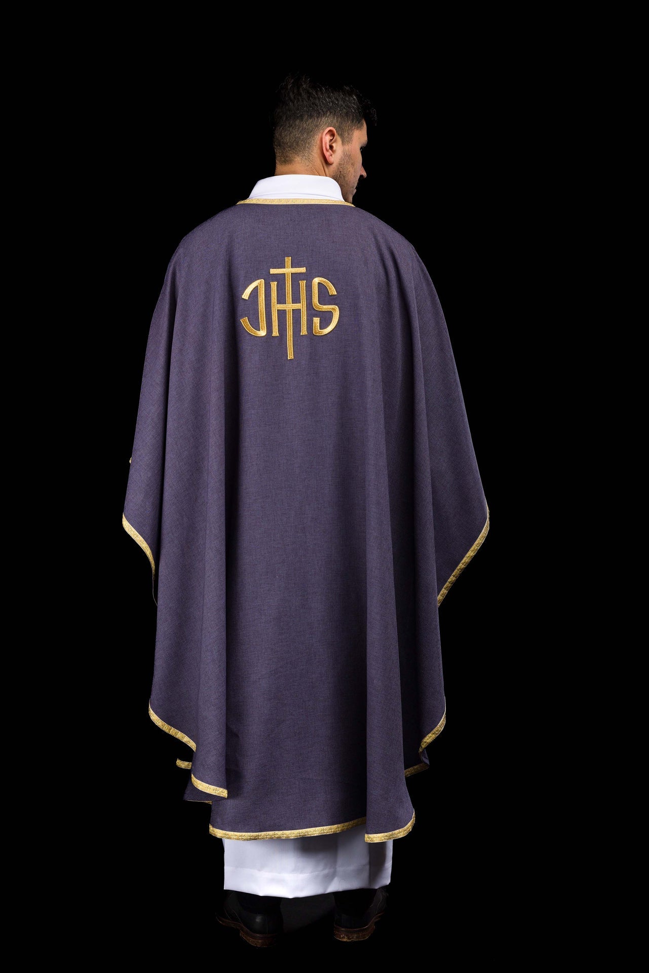 Purple liturgical chasuble with gold IHS embroidery - CHASUBLES.COM