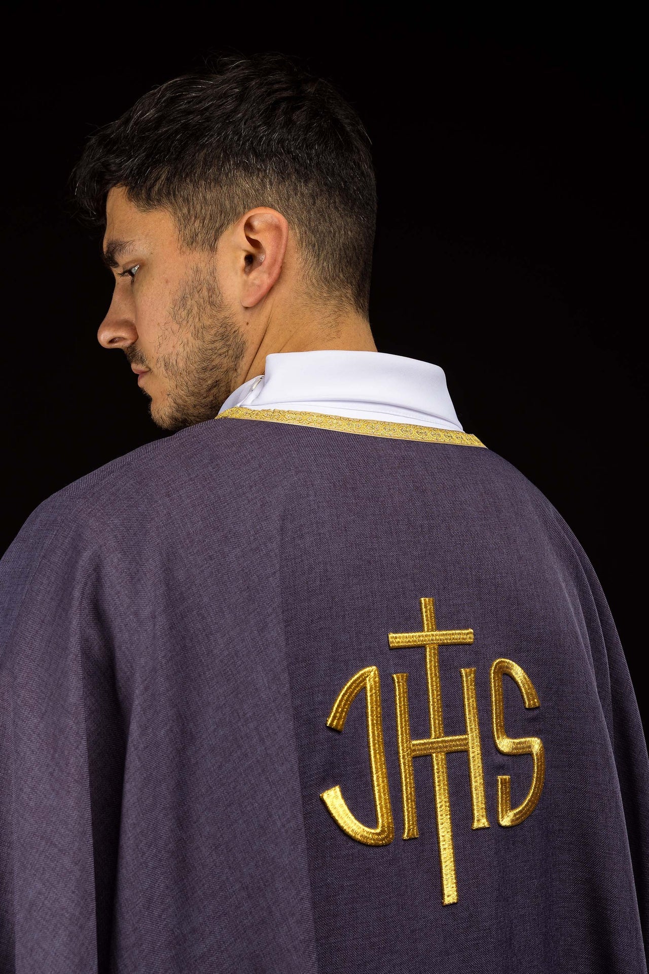 Purple liturgical chasuble with gold IHS embroidery - CHASUBLES.COM