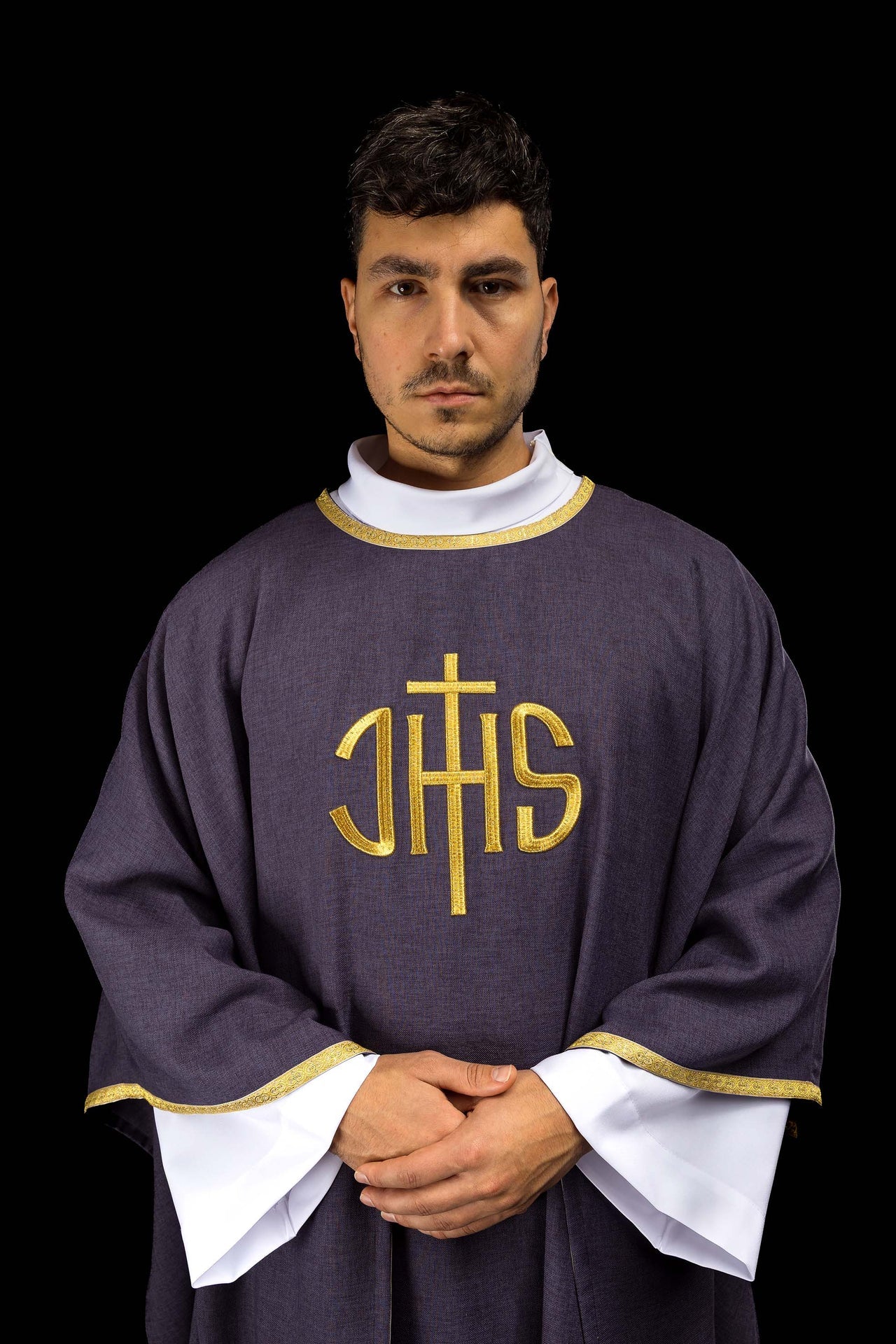 Purple liturgical chasuble with gold IHS embroidery