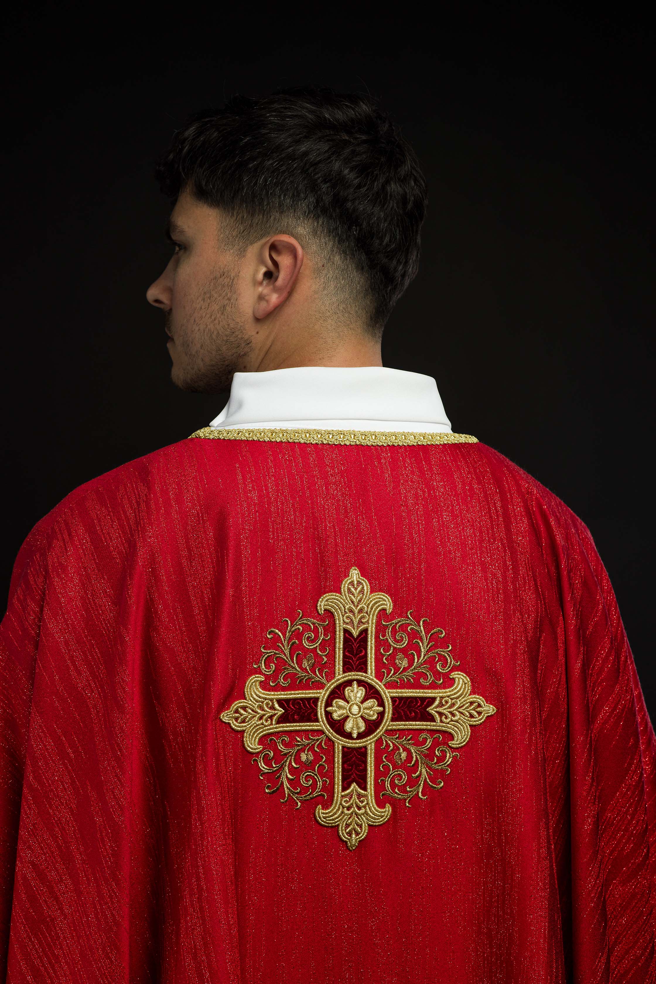 Red Liturgical Chasuble with Embroidered Cross on Decorative Fabric