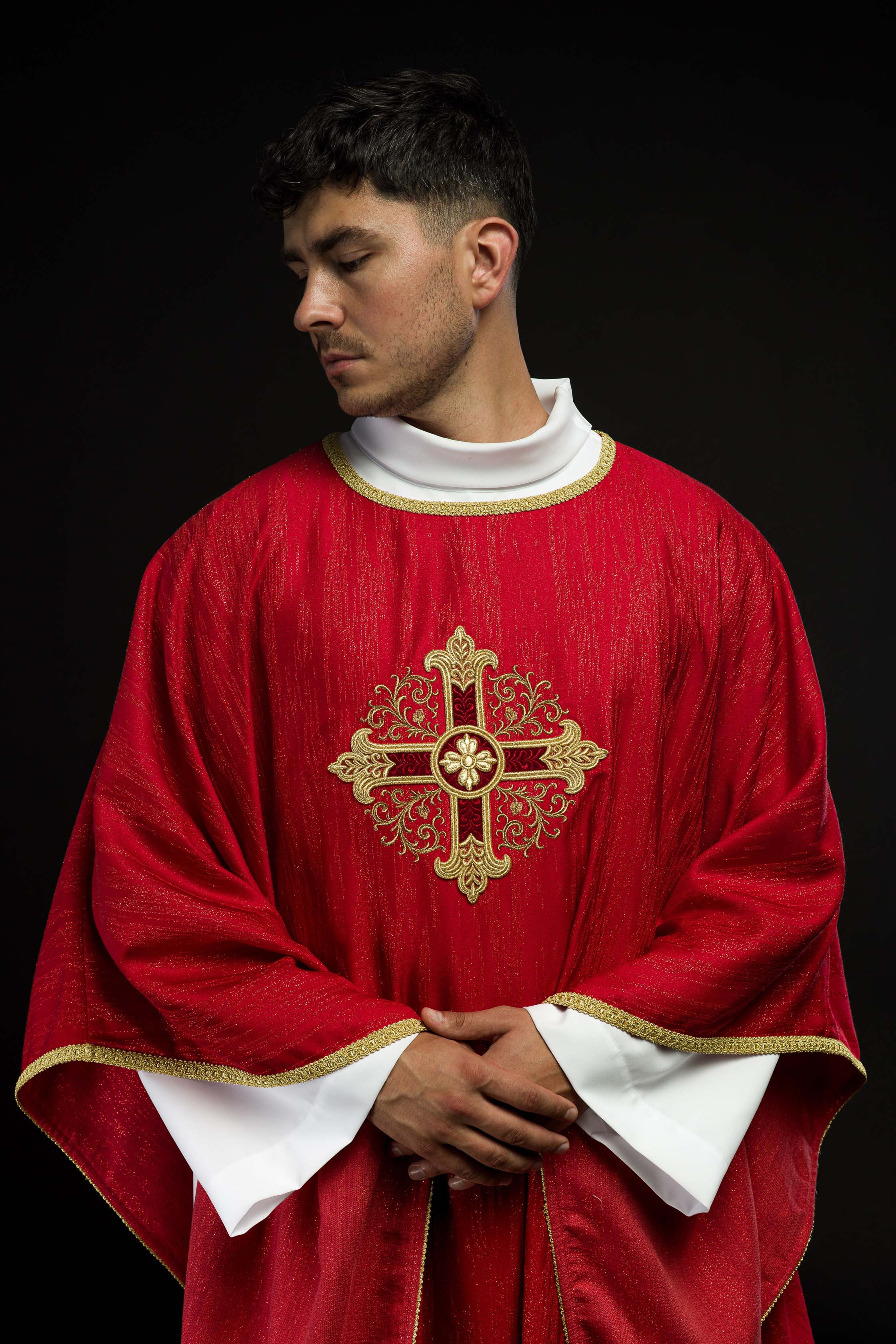 Red Liturgical Chasuble with Embroidered Cross on Decorative Fabric