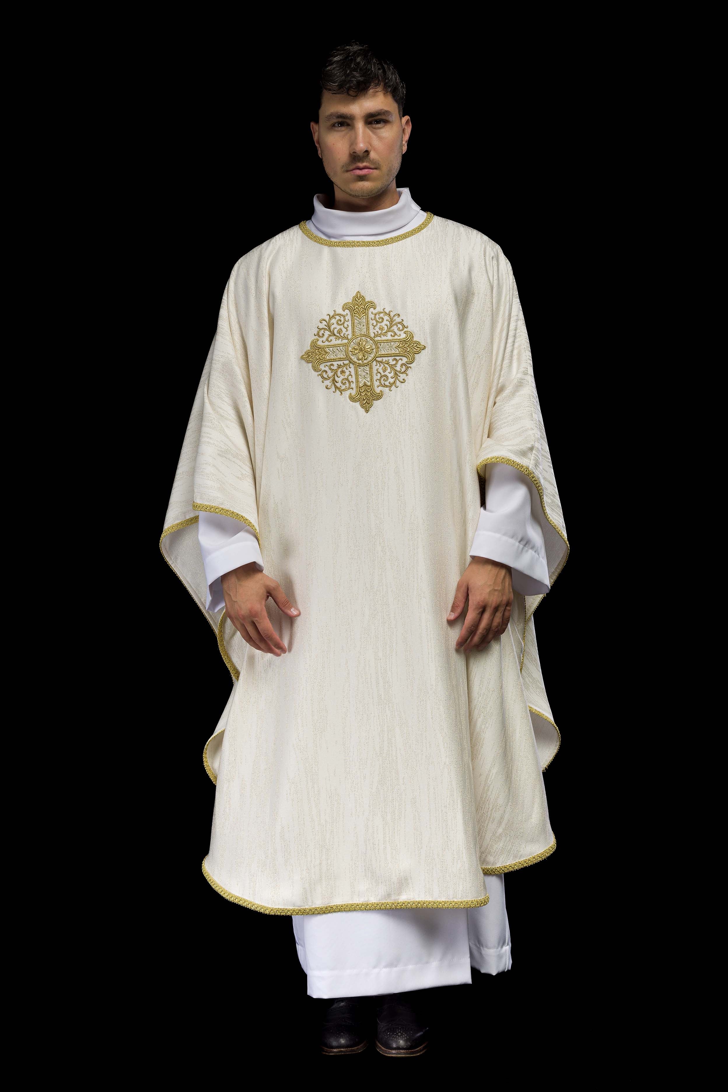 Ecru Liturgical Chasuble with Embroidered Cross on Decorative Fabric