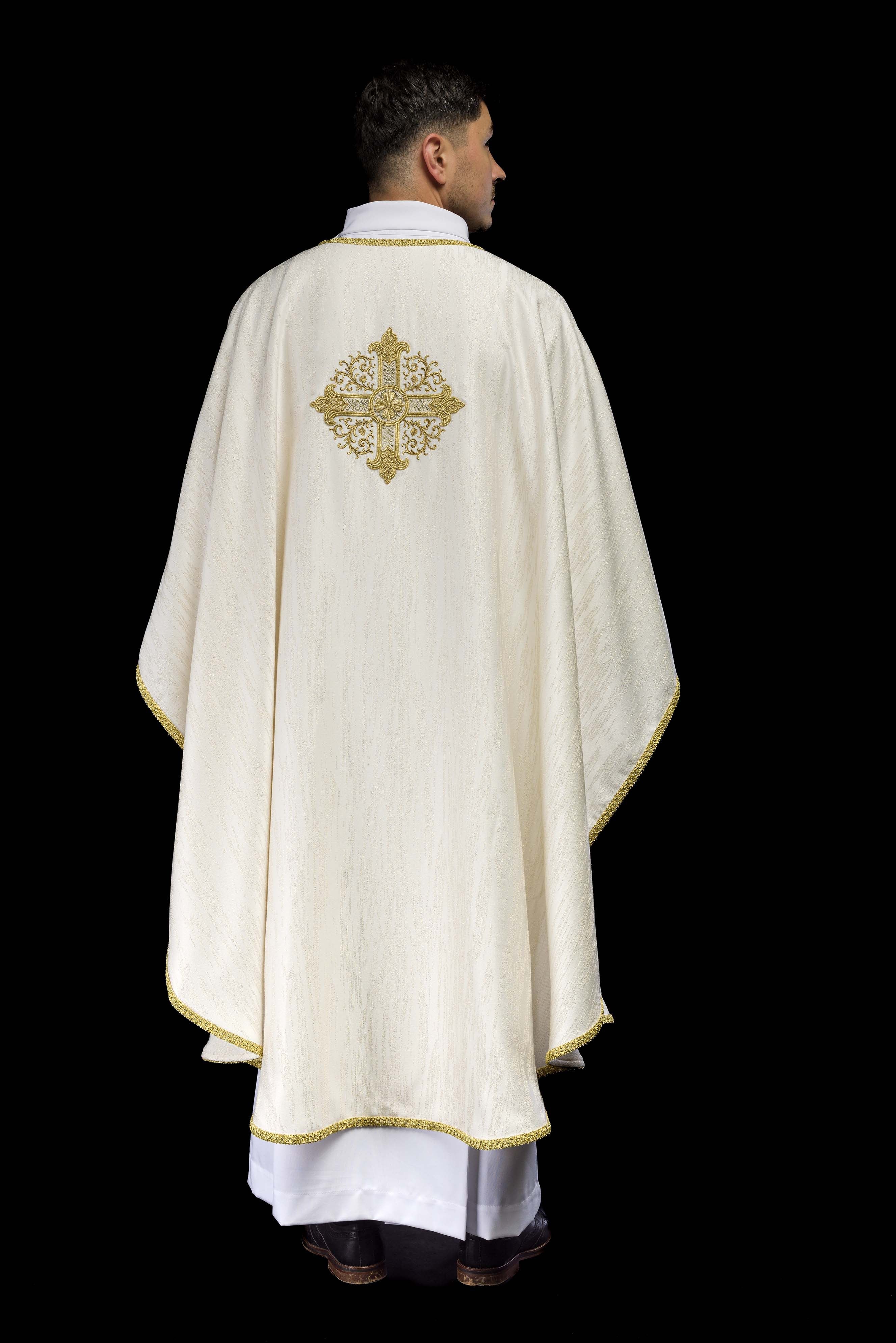 Ecru Liturgical Chasuble with Embroidered Cross on Decorative Fabric