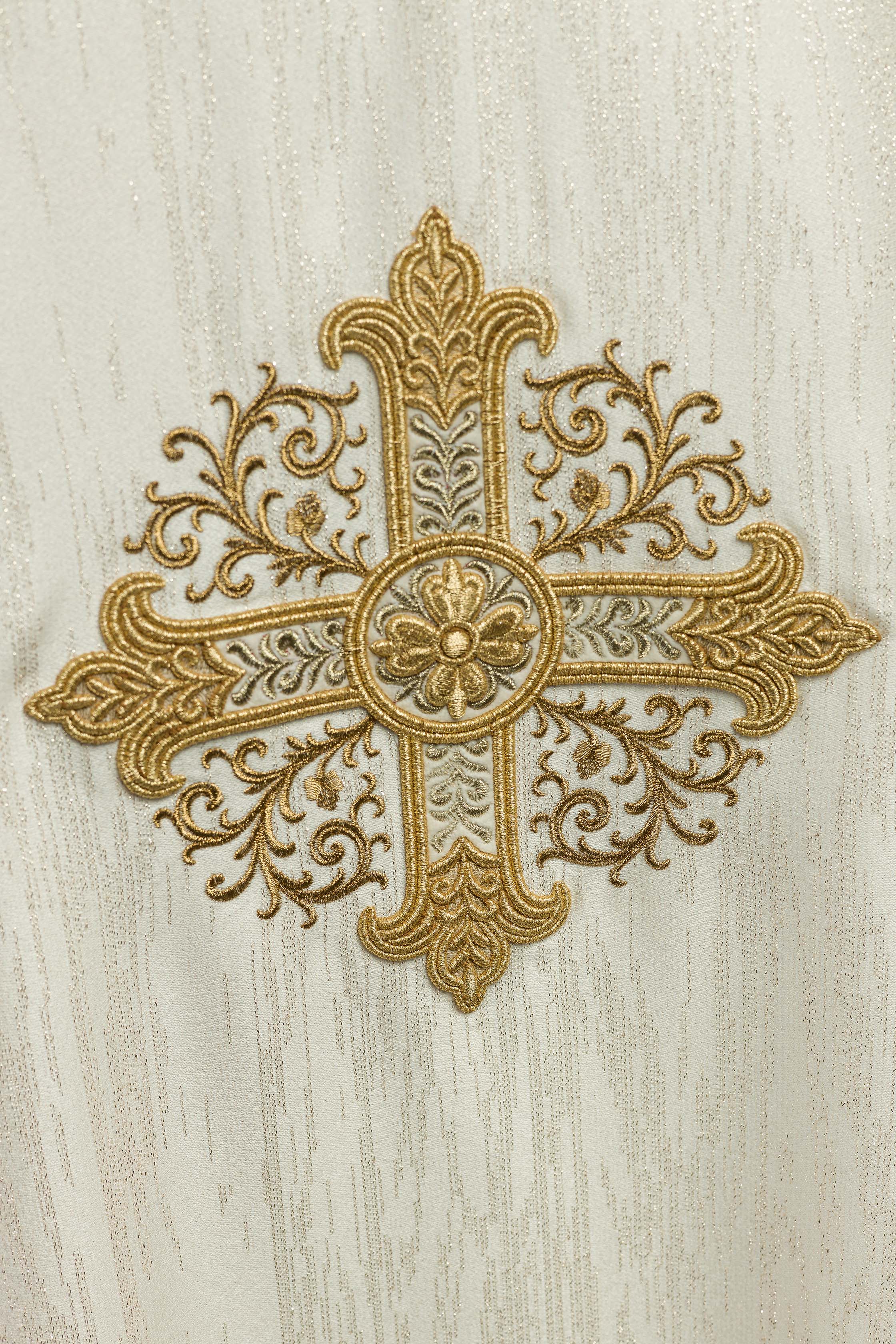 Ecru Liturgical Chasuble with Embroidered Cross on Decorative Fabric