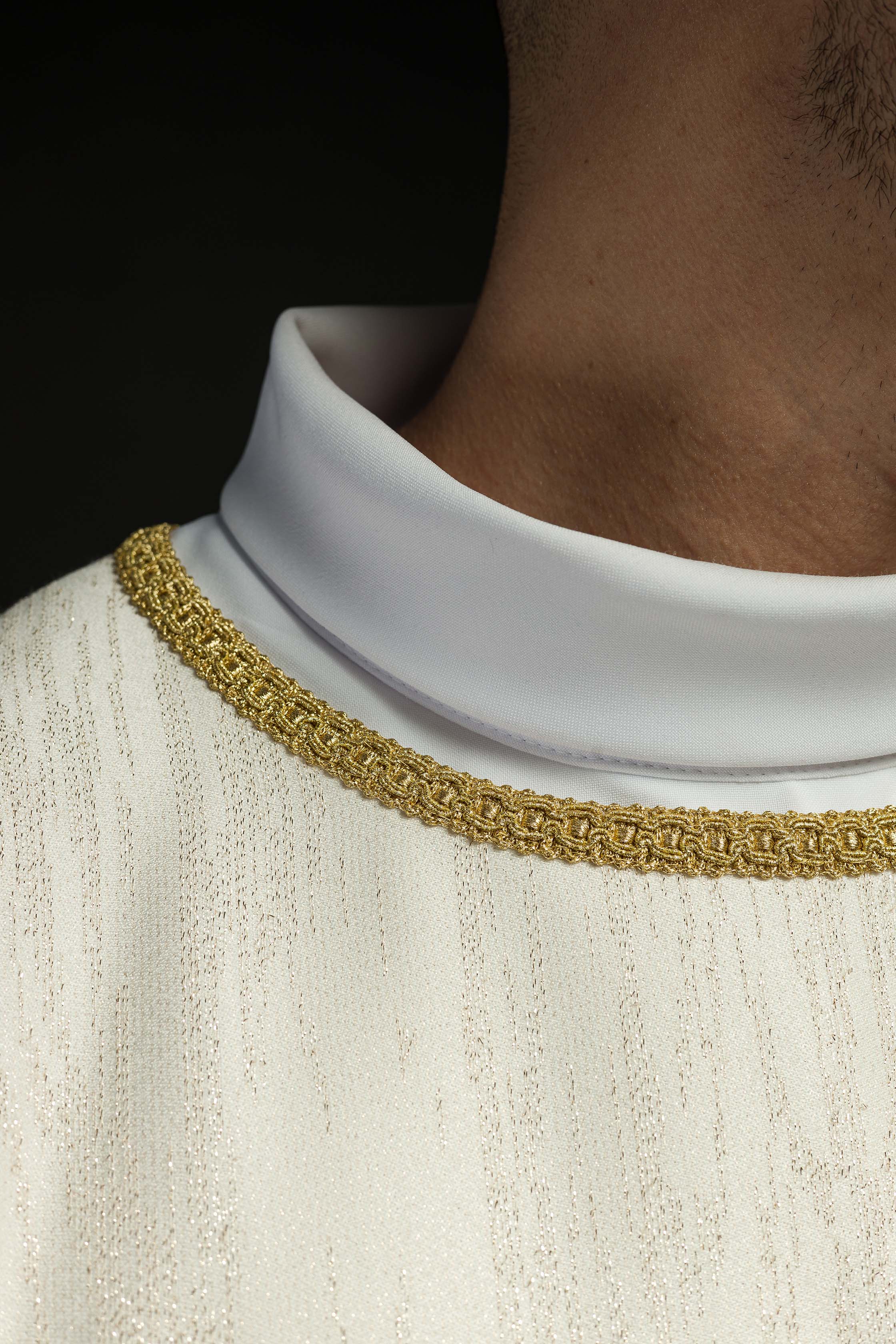 Ecru Liturgical Chasuble with Embroidered Cross on Decorative Fabric
