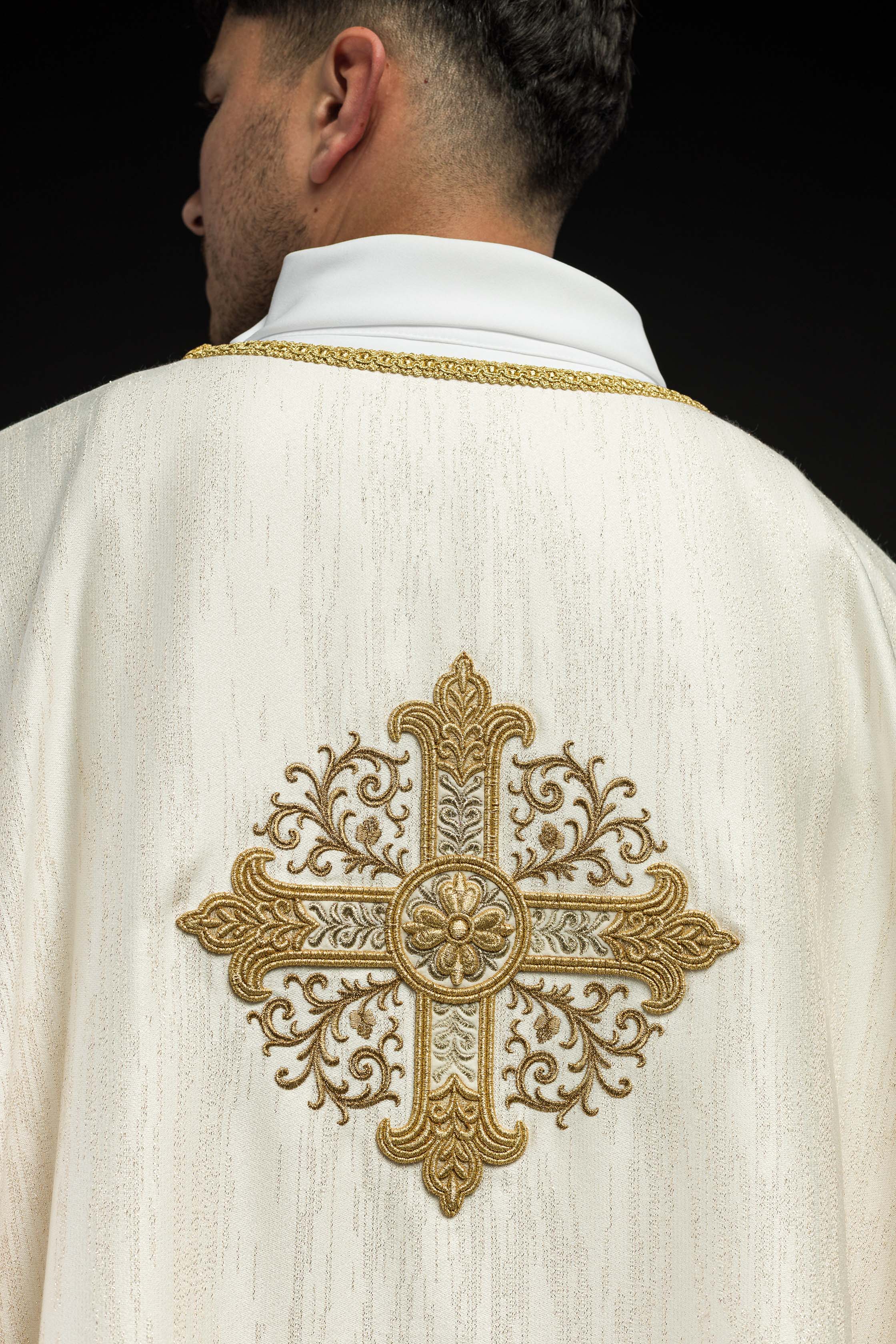 Ecru Liturgical Chasuble with Embroidered Cross on Decorative Fabric