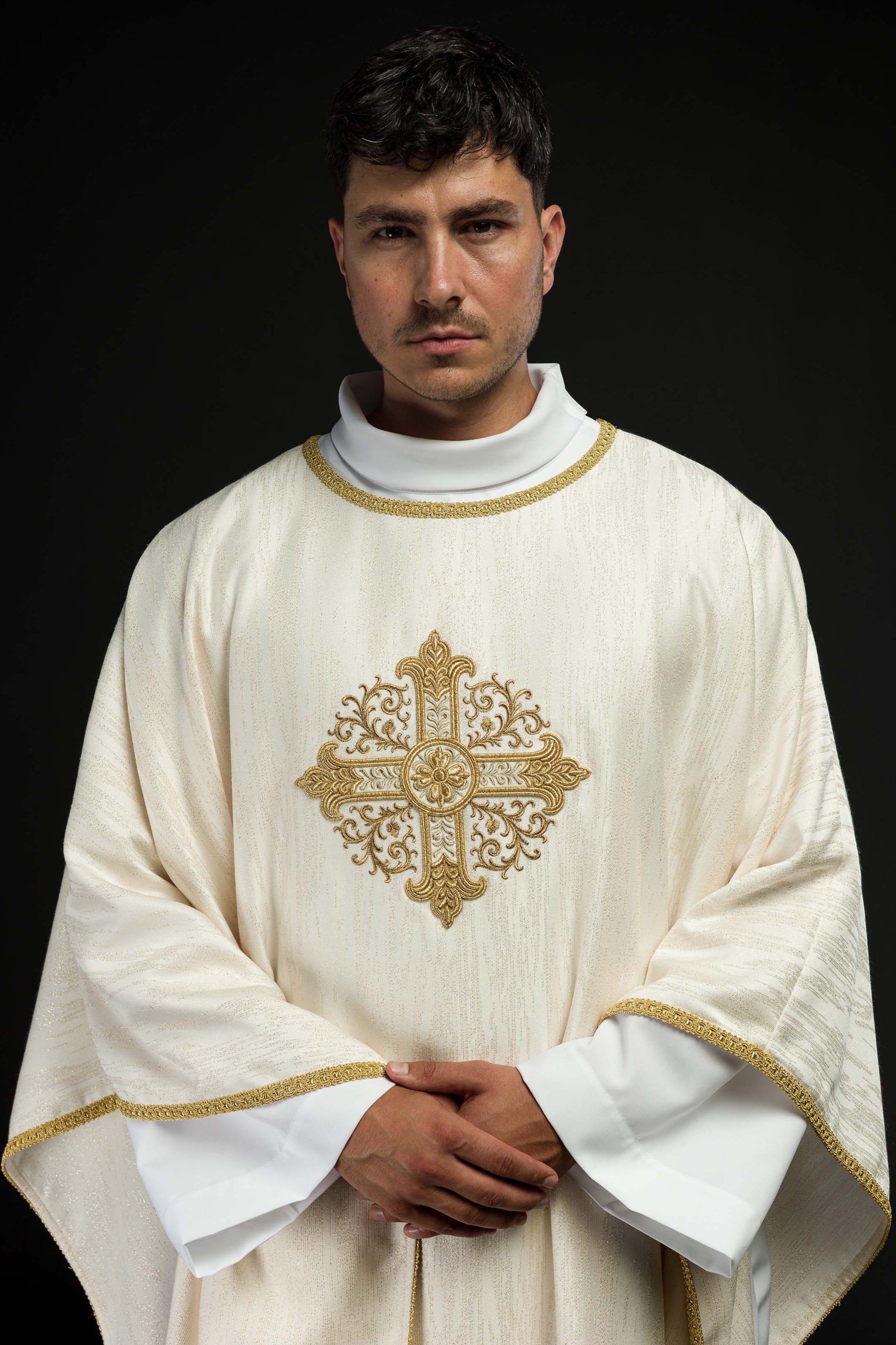Ecru Liturgical Chasuble with Embroidered Cross on Decorative Fabric