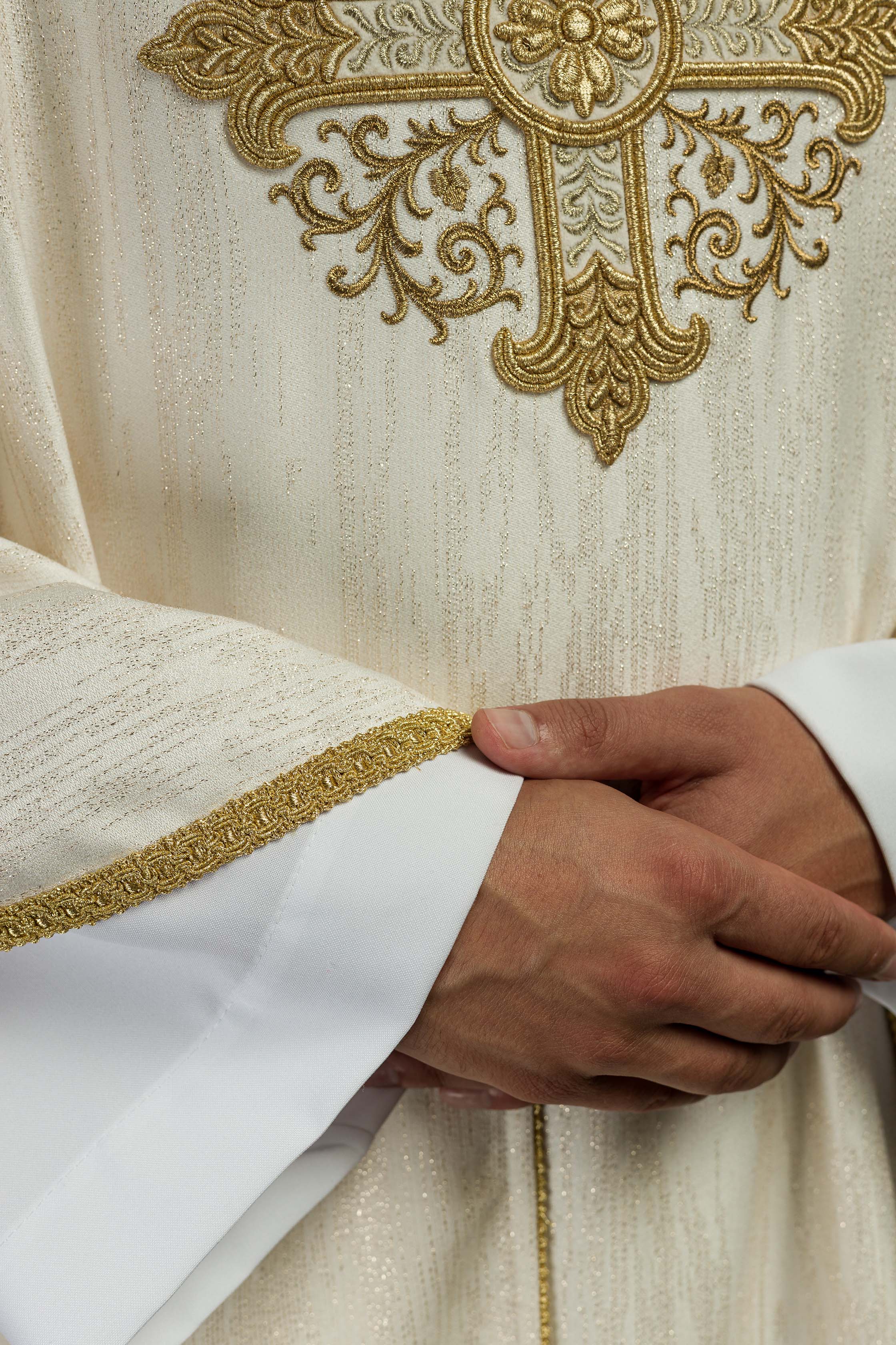 Ecru Liturgical Chasuble with Embroidered Cross on Decorative Fabric