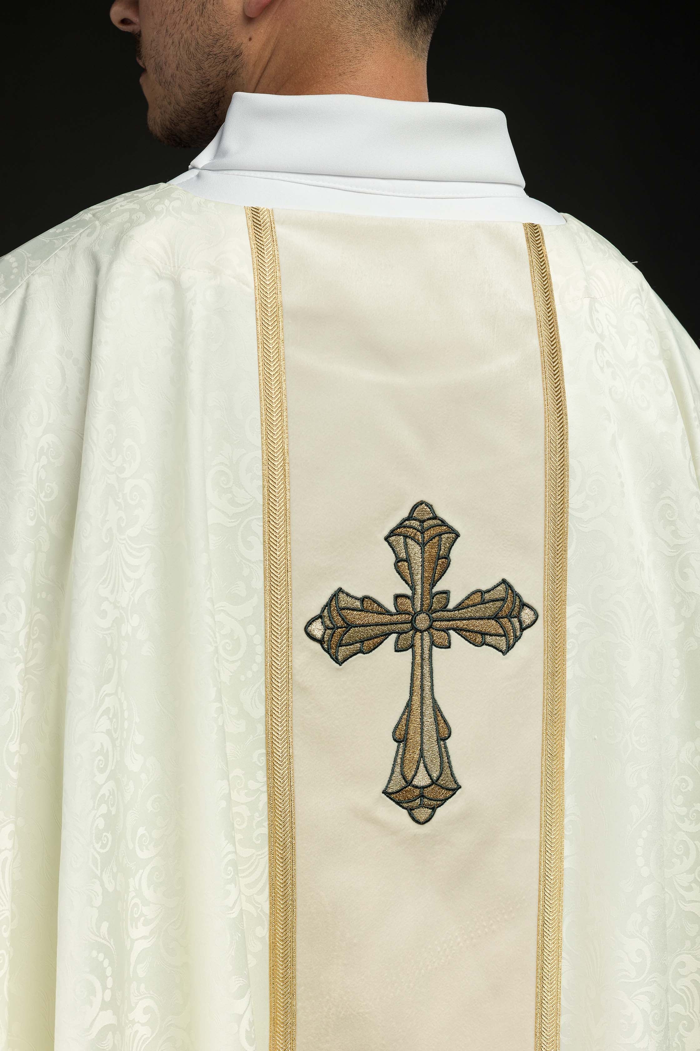 Ecru Liturgical Chasuble with Central Band and Embroidered Cross on Jacquard Fabric