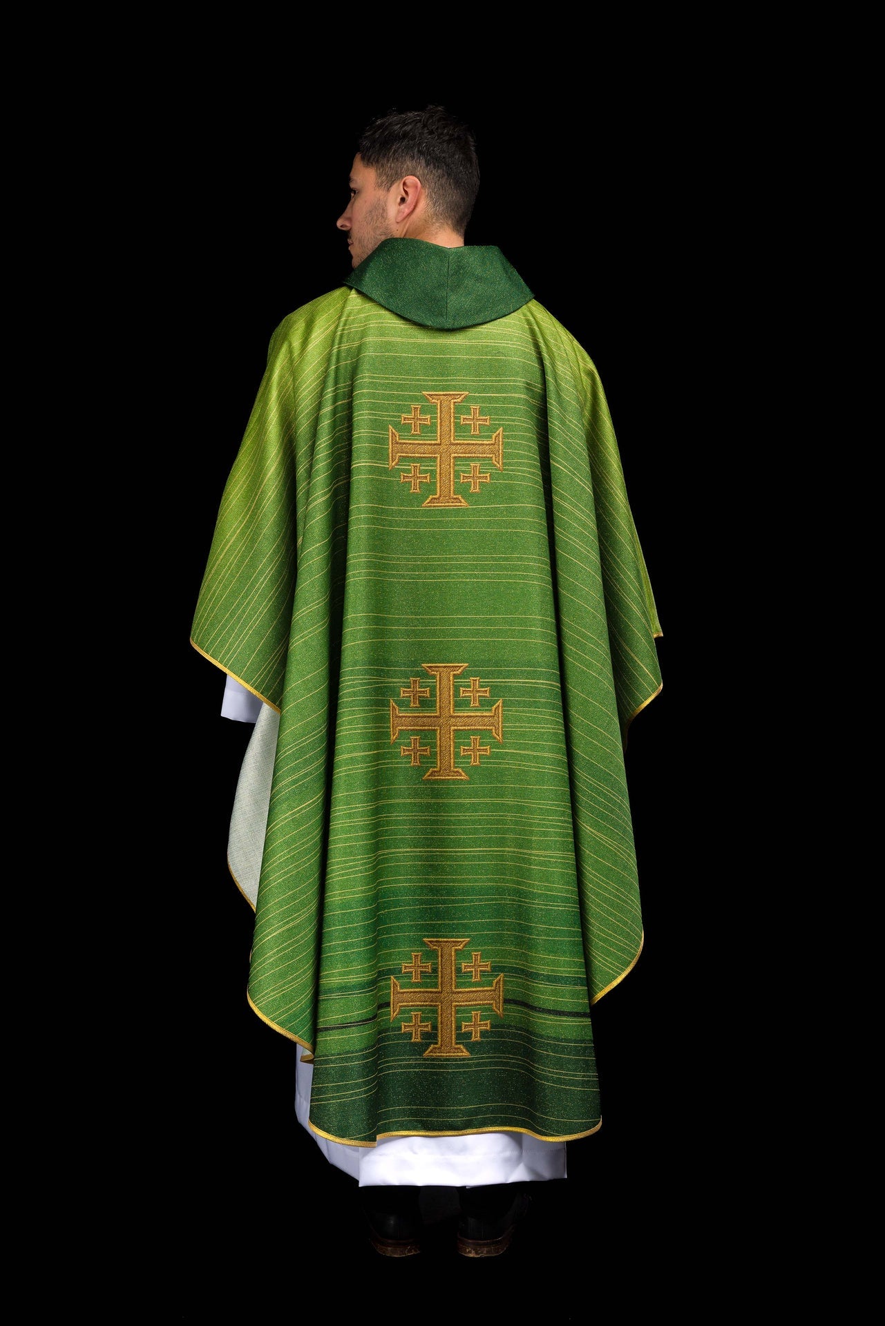 Green printed chasuble with Jerusalem Cross