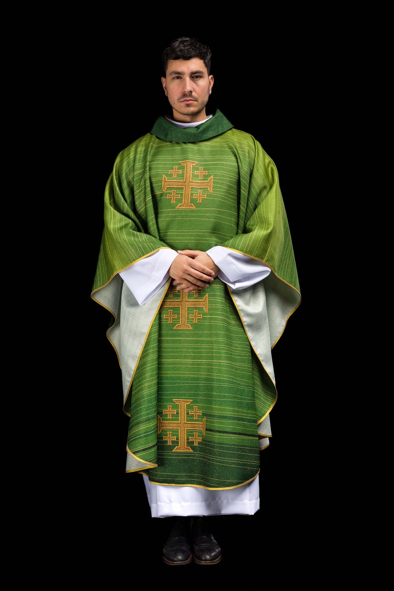 Green printed chasuble with Jerusalem Cross