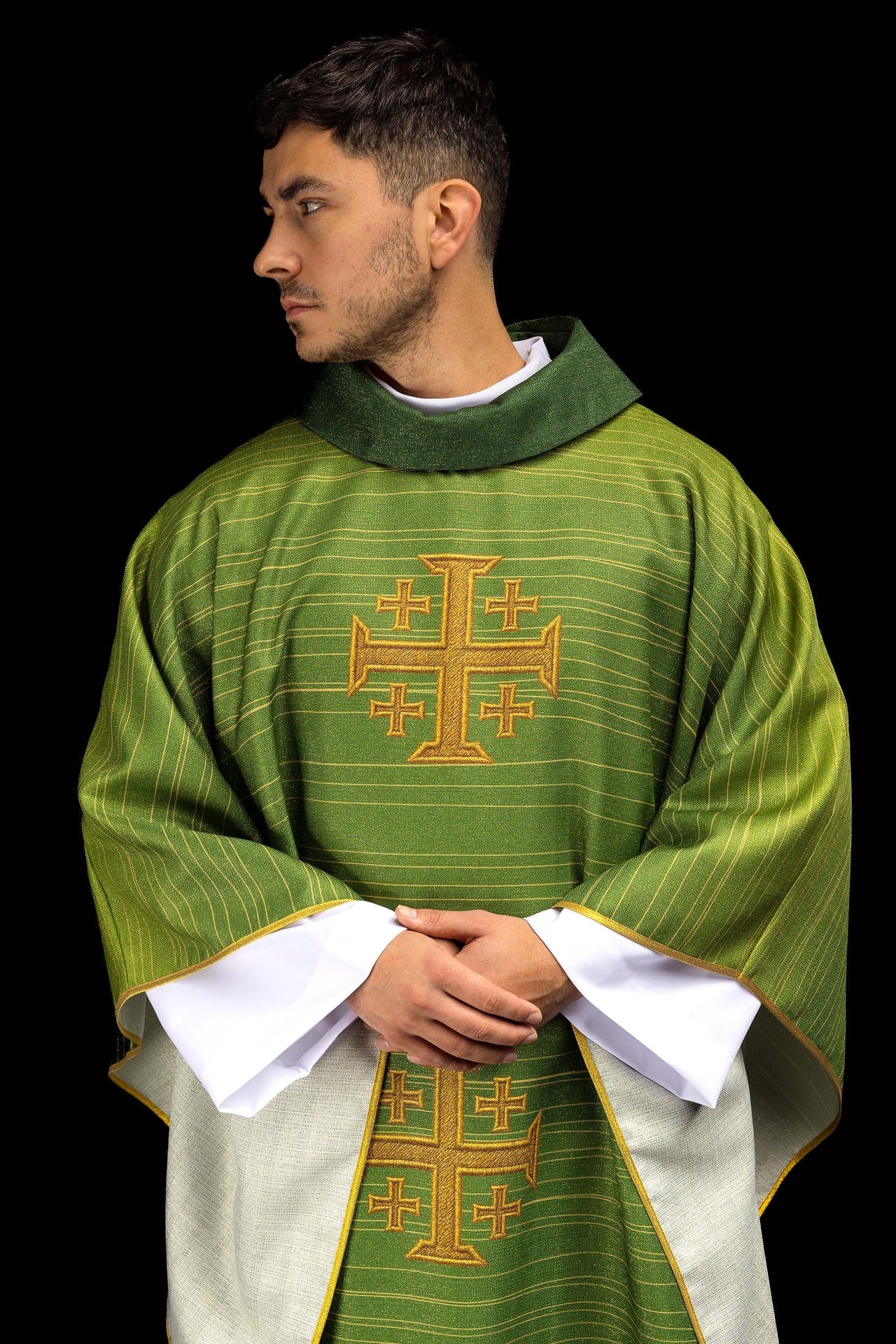 Green printed chasuble with Jerusalem Cross