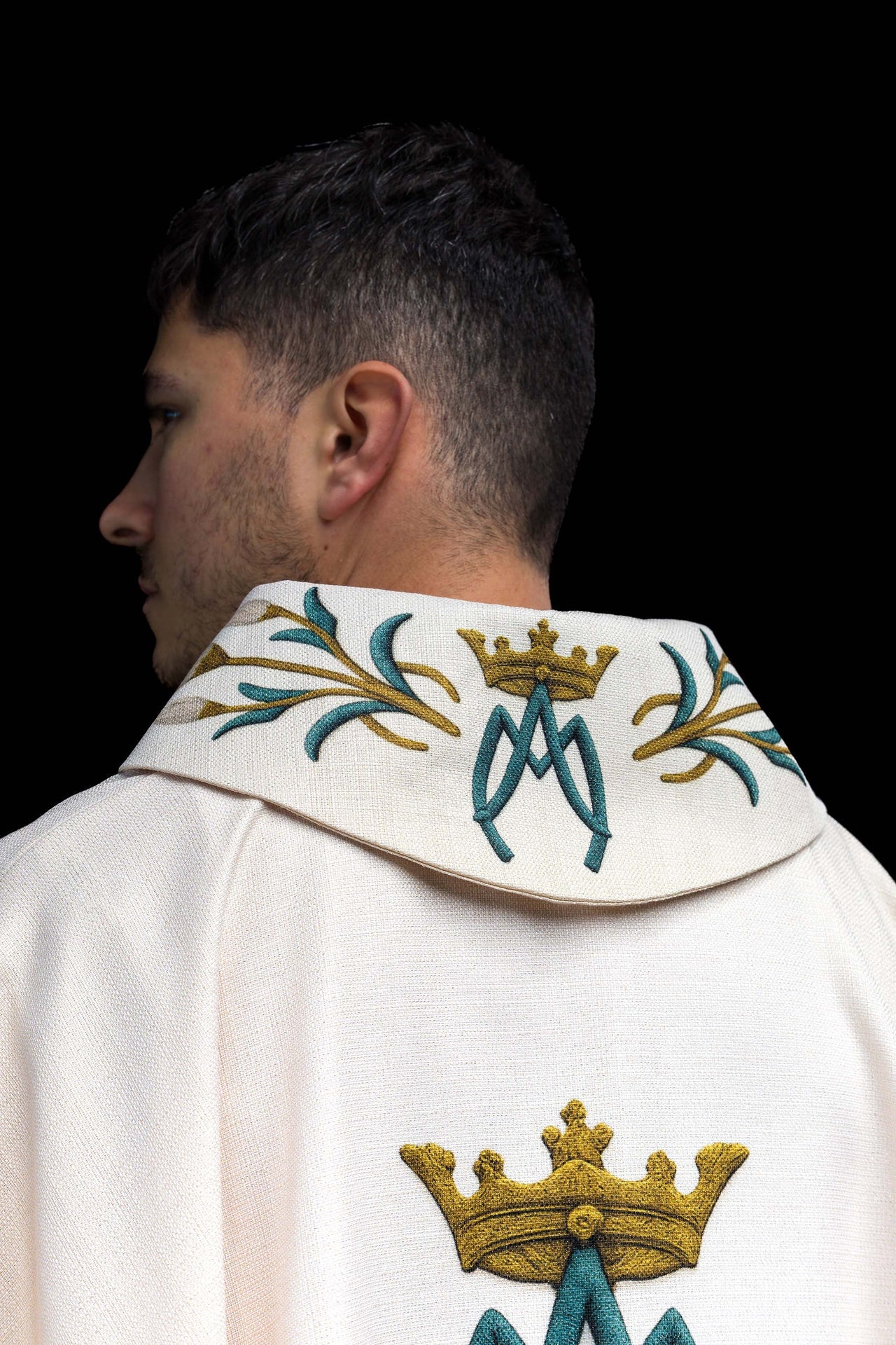 Printed Marian Chasuble with Lily Pattern and Monogram Ecru