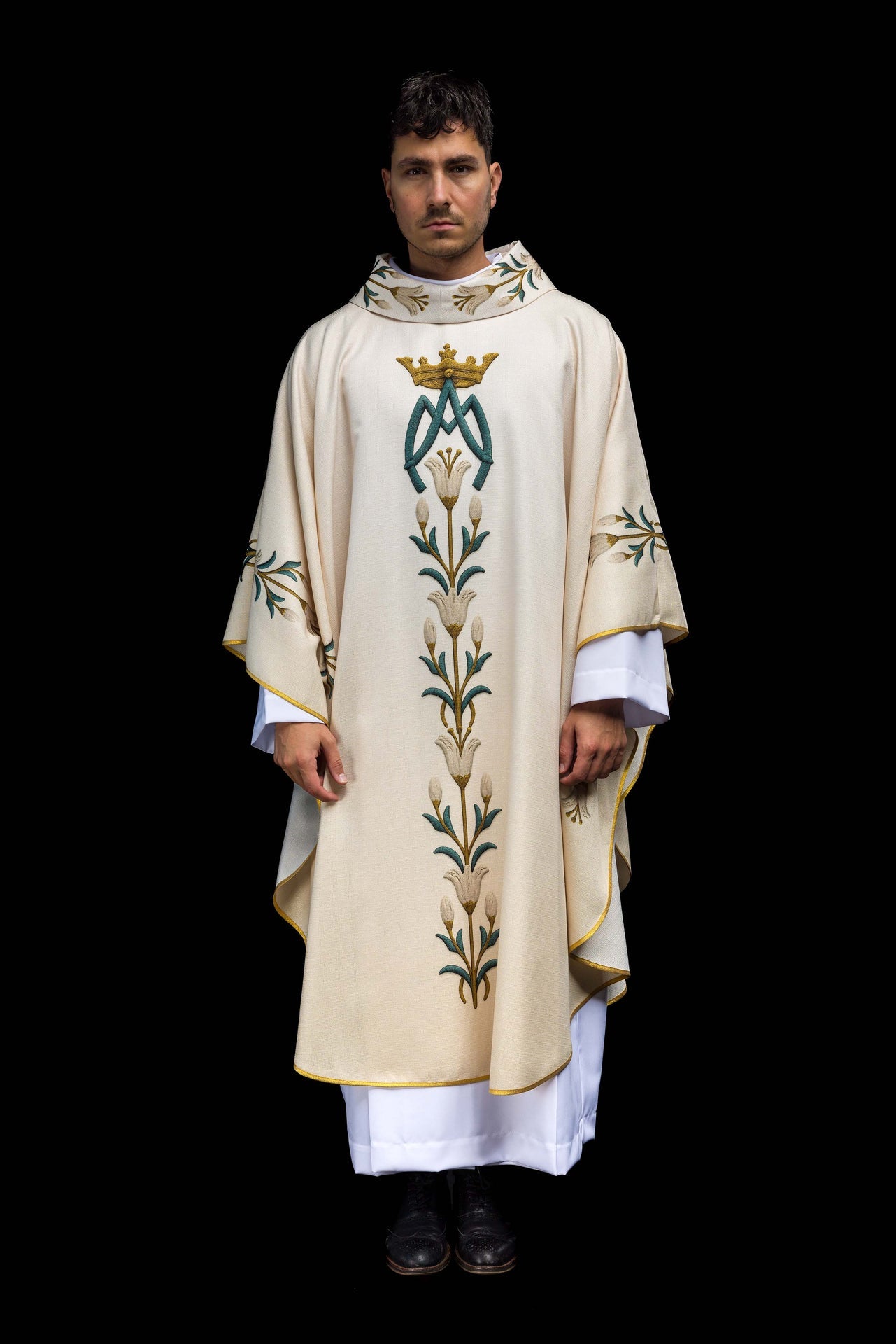 Printed Marian Chasuble with Lily Pattern and Monogram Ecru