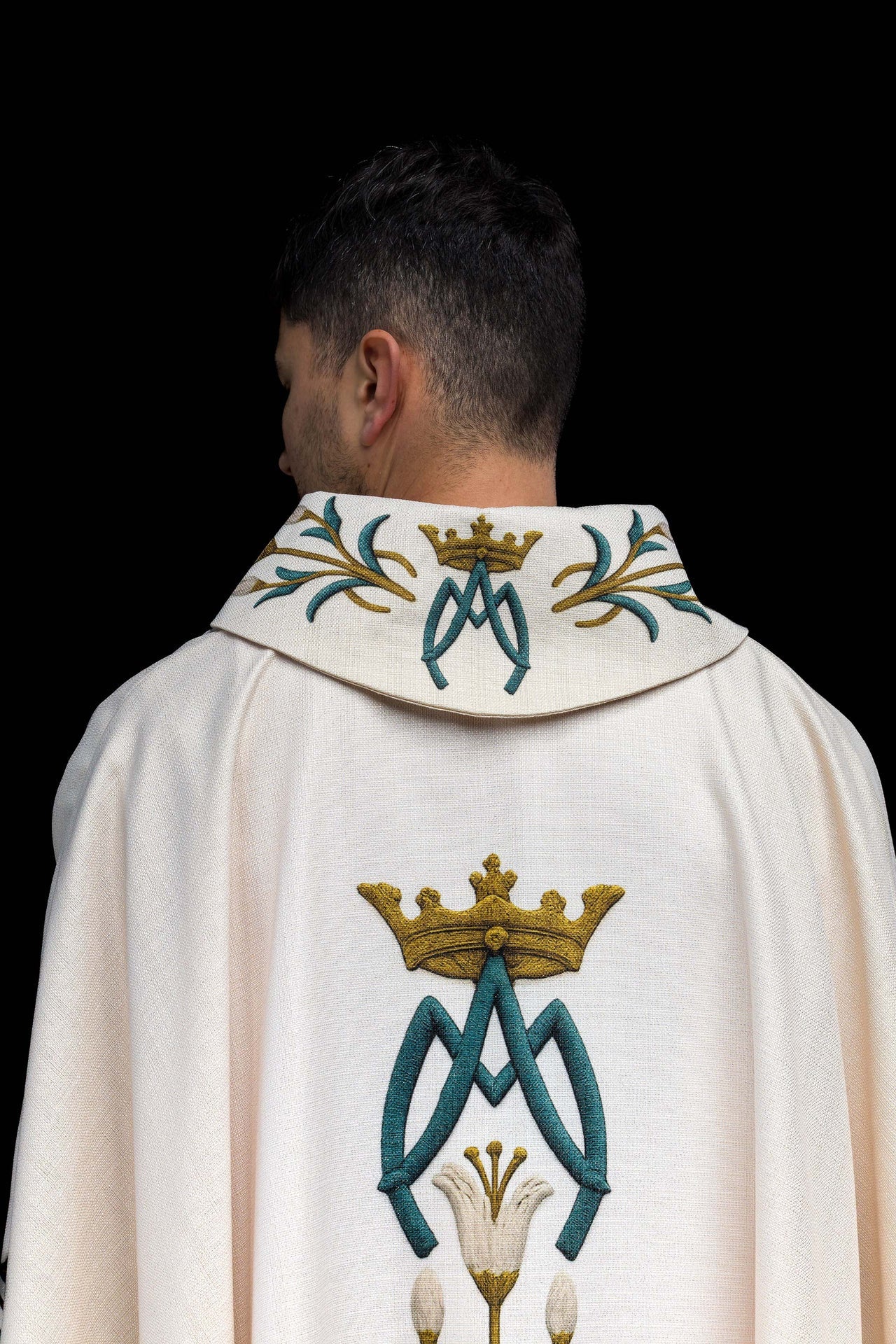 Printed Marian Chasuble with Lily Pattern and Monogram Ecru