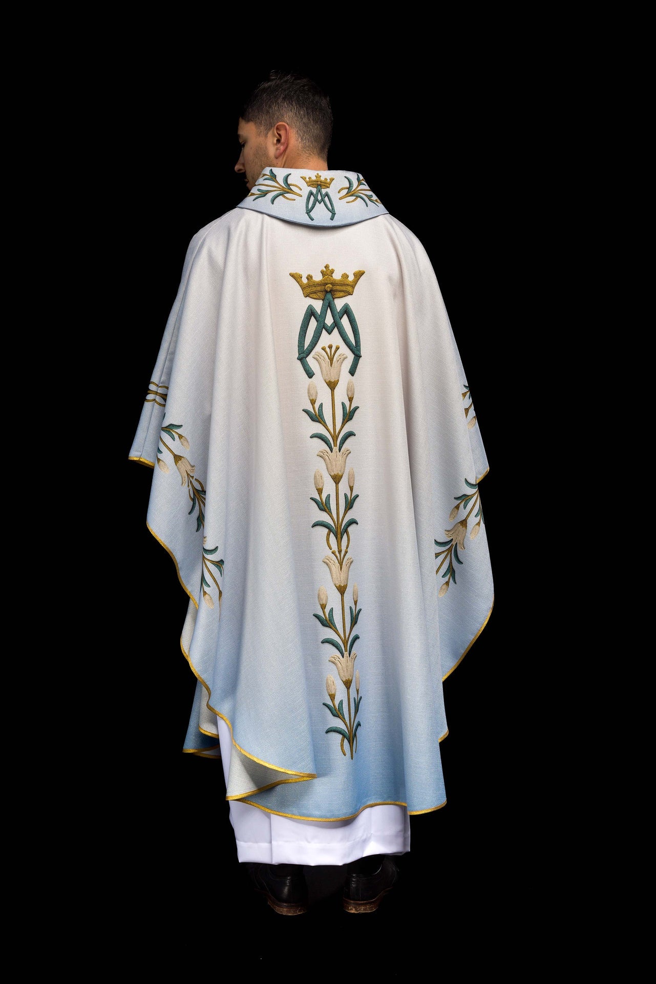 Printed Marian Chasuble with Lily Pattern and Monogram Blue & Cream