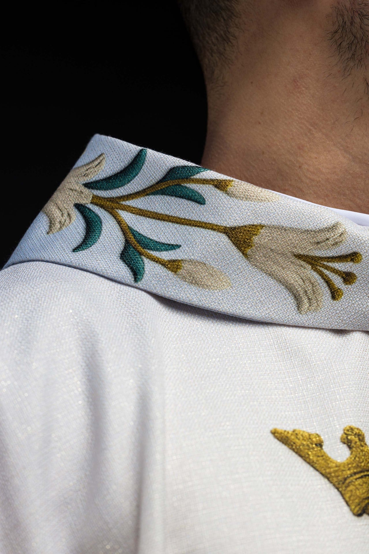 Printed Marian Chasuble with Lily Pattern and Monogram Blue & Cream