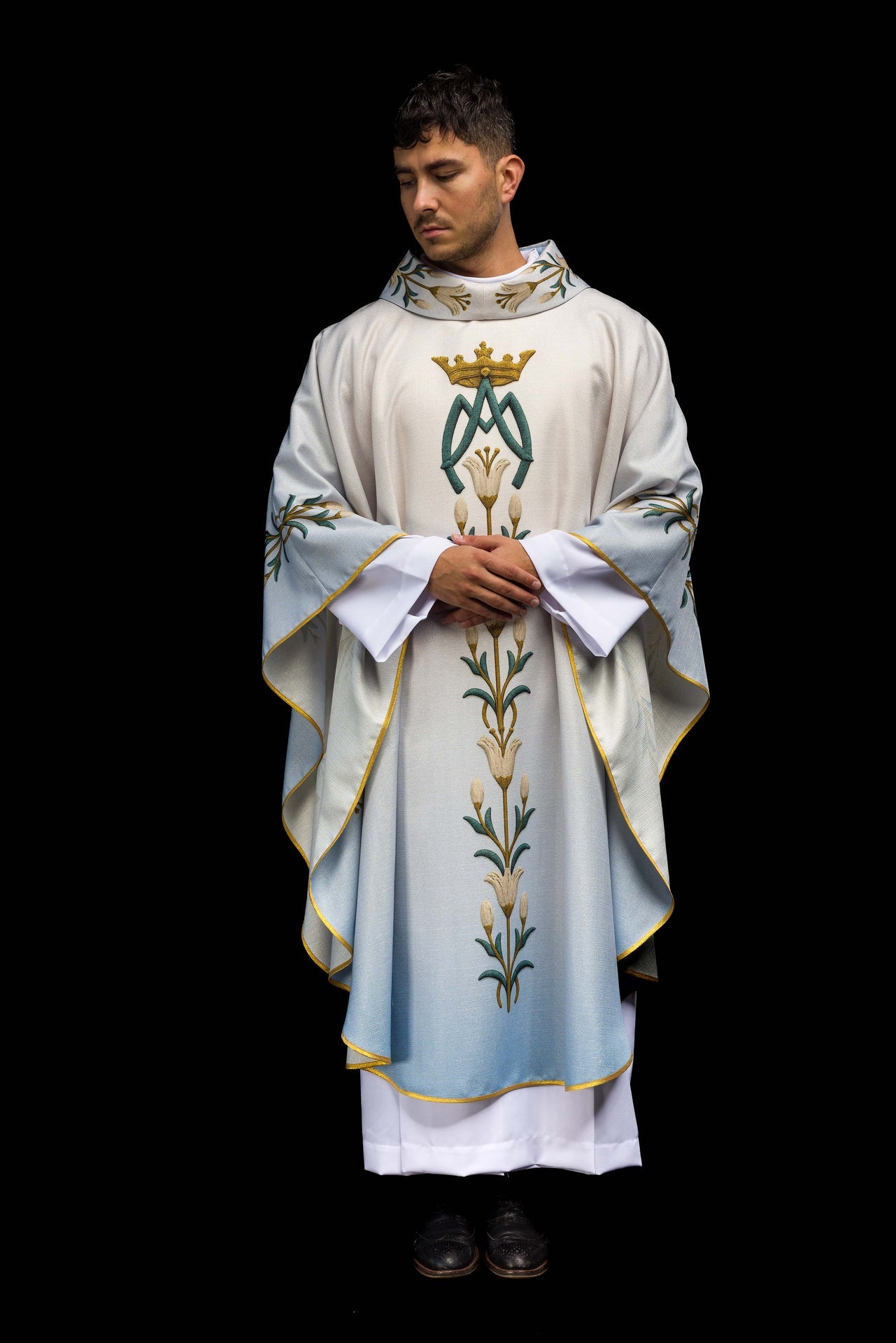 Printed Marian Chasuble with Lily Pattern and Monogram Blue & Cream