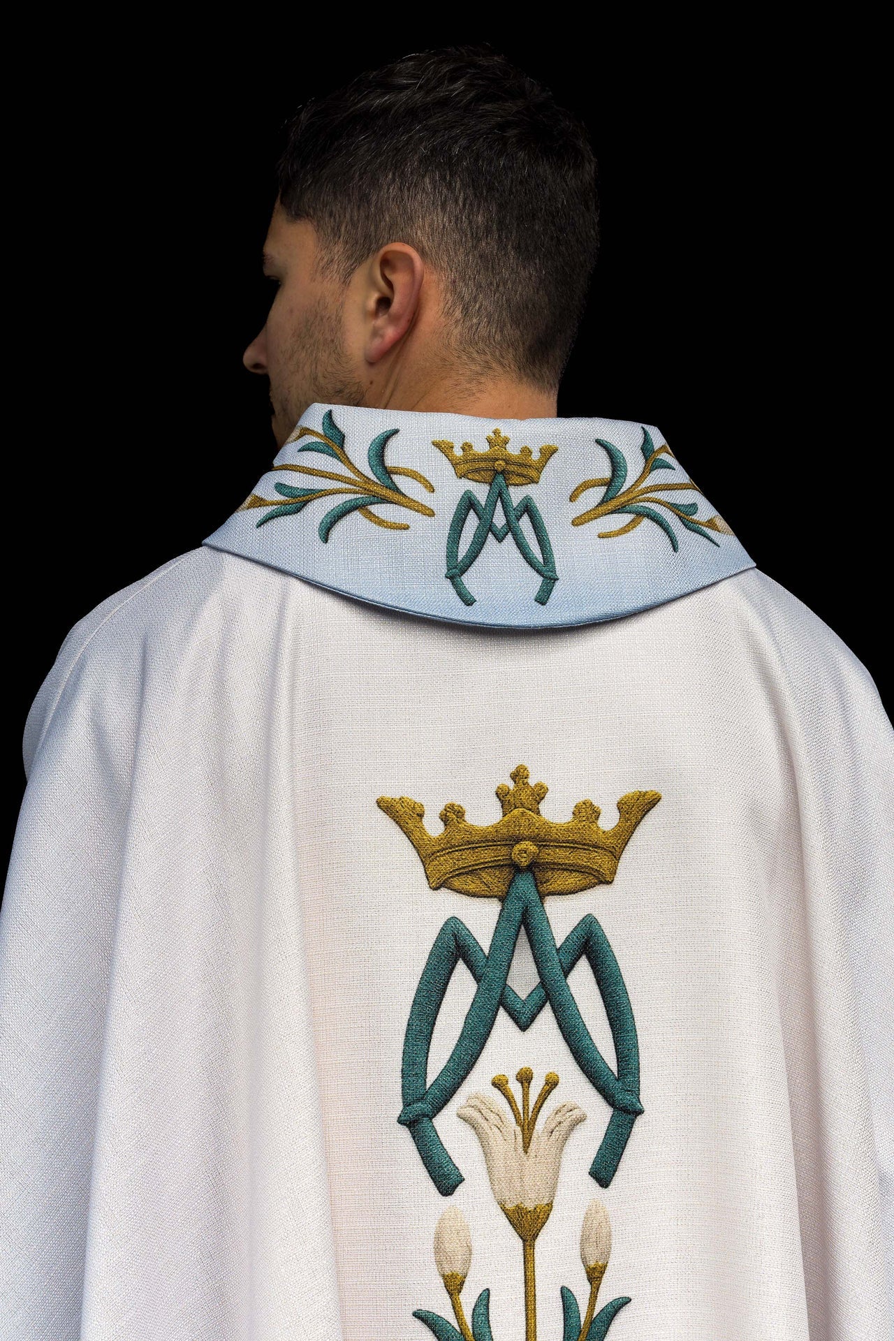 Printed Marian Chasuble with Lily Pattern and Monogram Blue & Cream