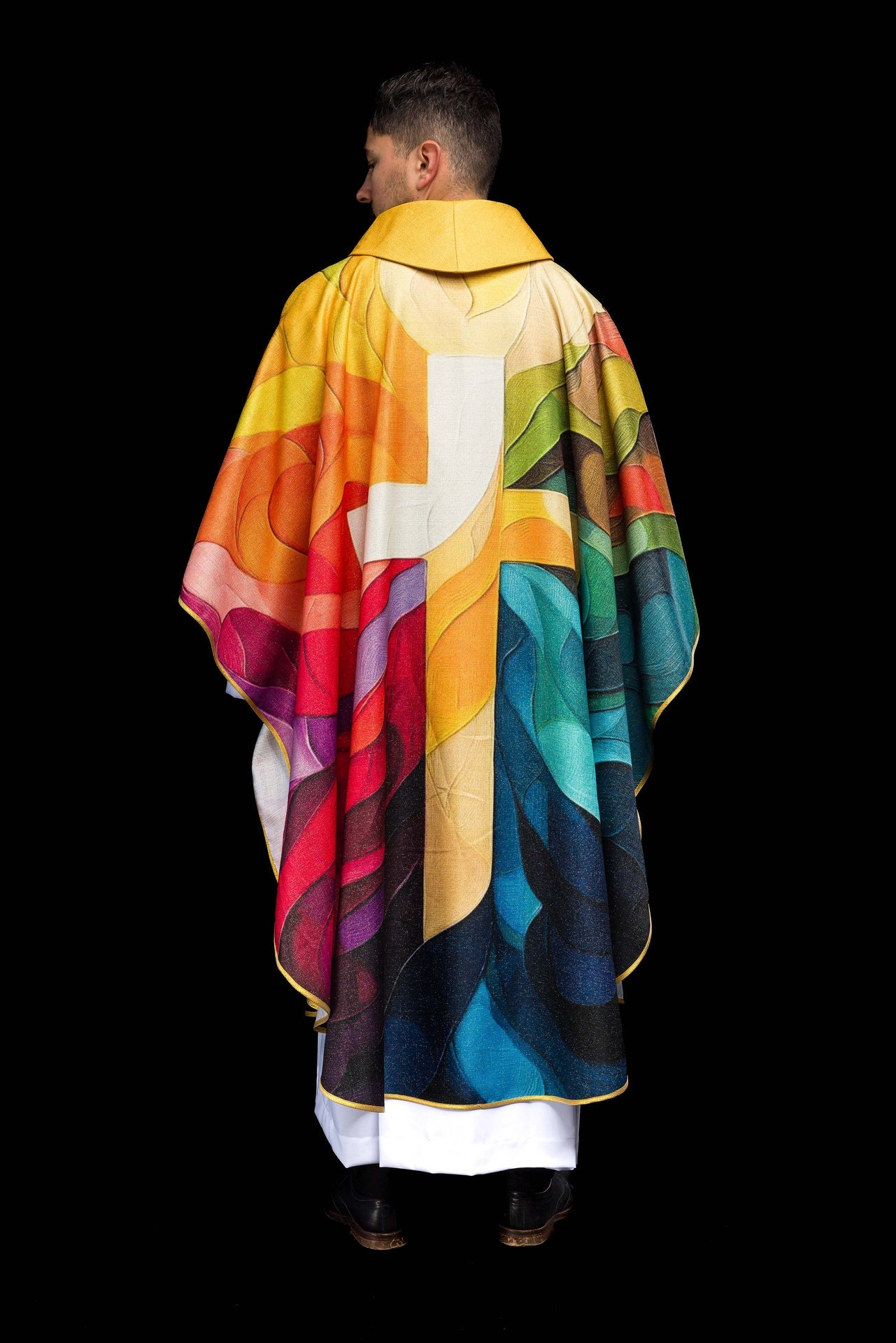 Multicolored printed chasuble with a cross motif