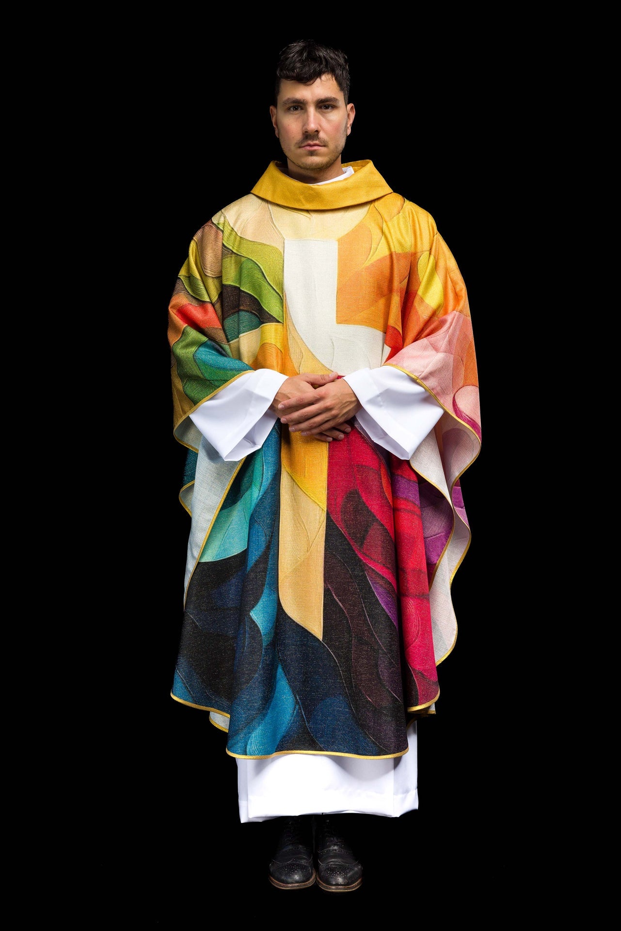 Multicolored printed chasuble with a cross motif