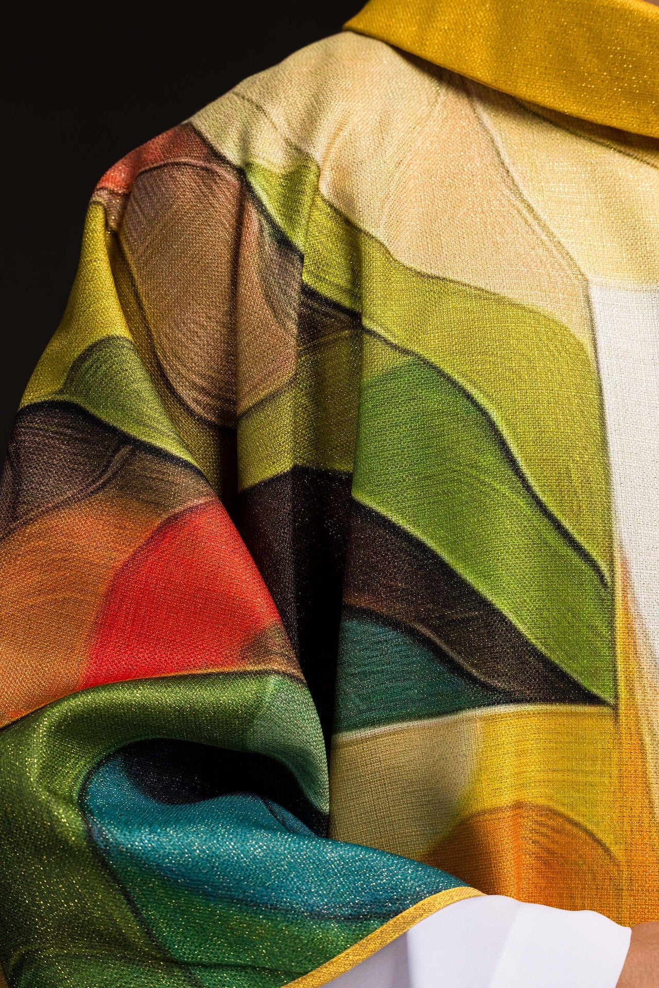 Multicolored printed chasuble with a cross motif