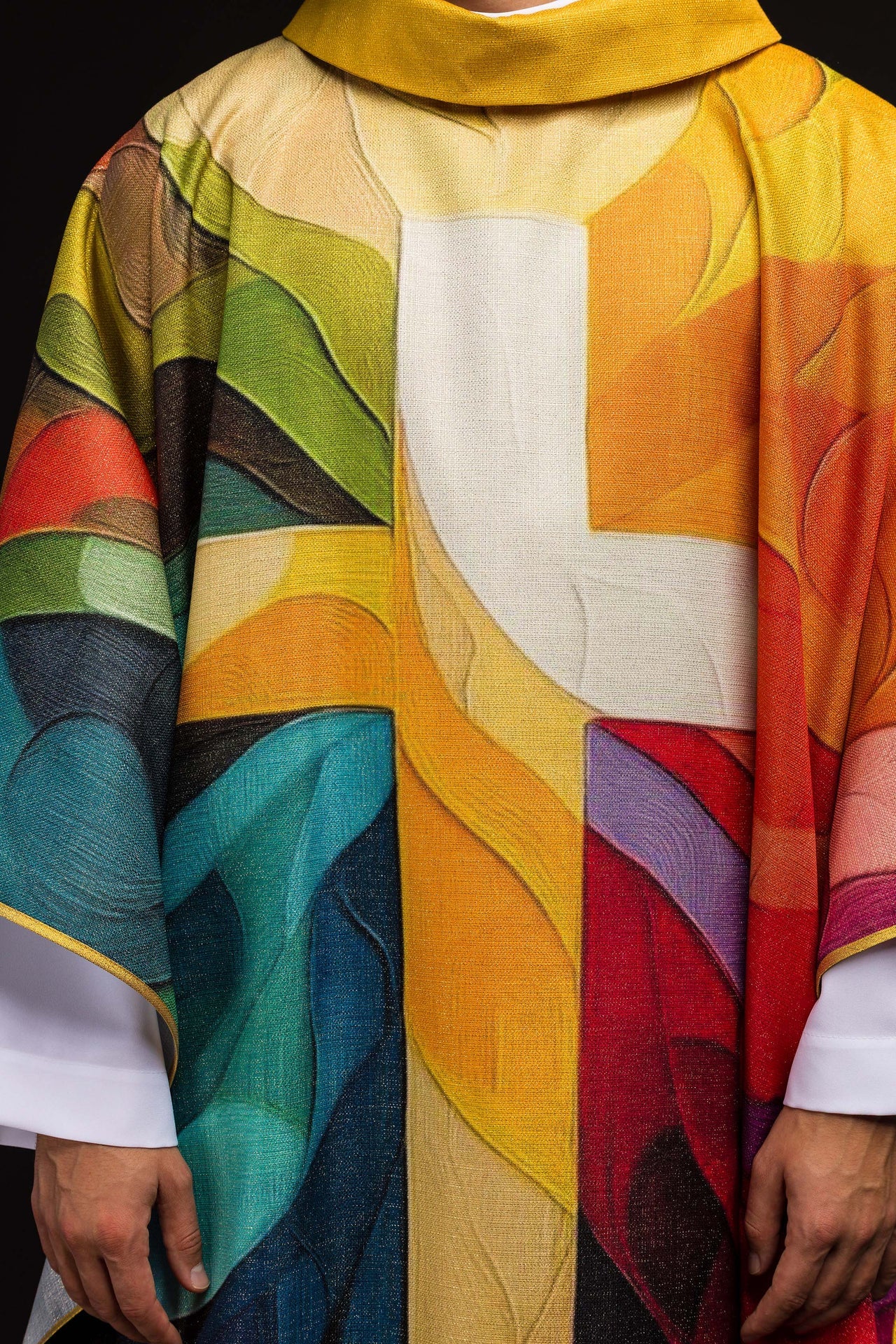 Multicolored printed chasuble with a cross motif