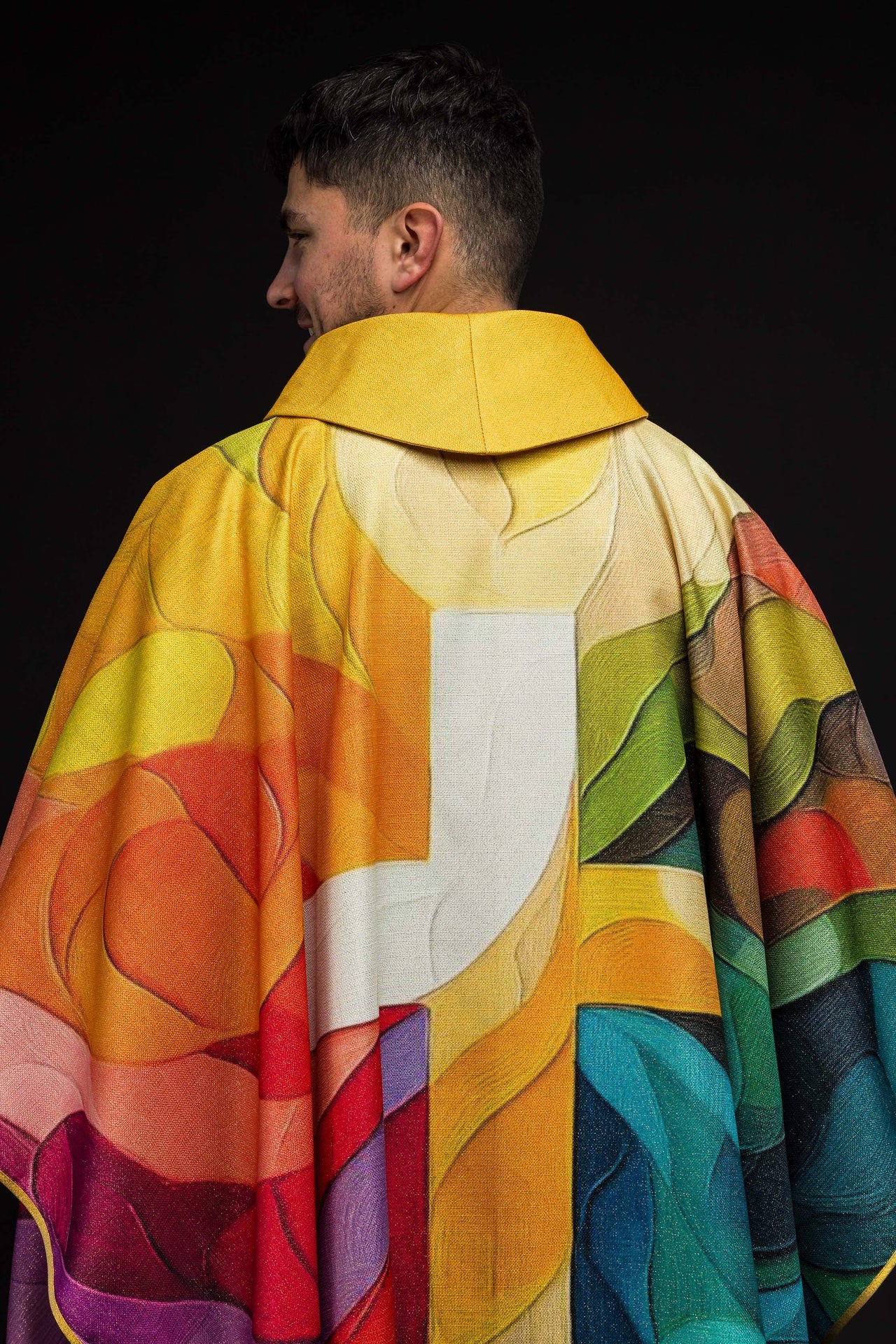 Multicolored printed chasuble with a cross motif