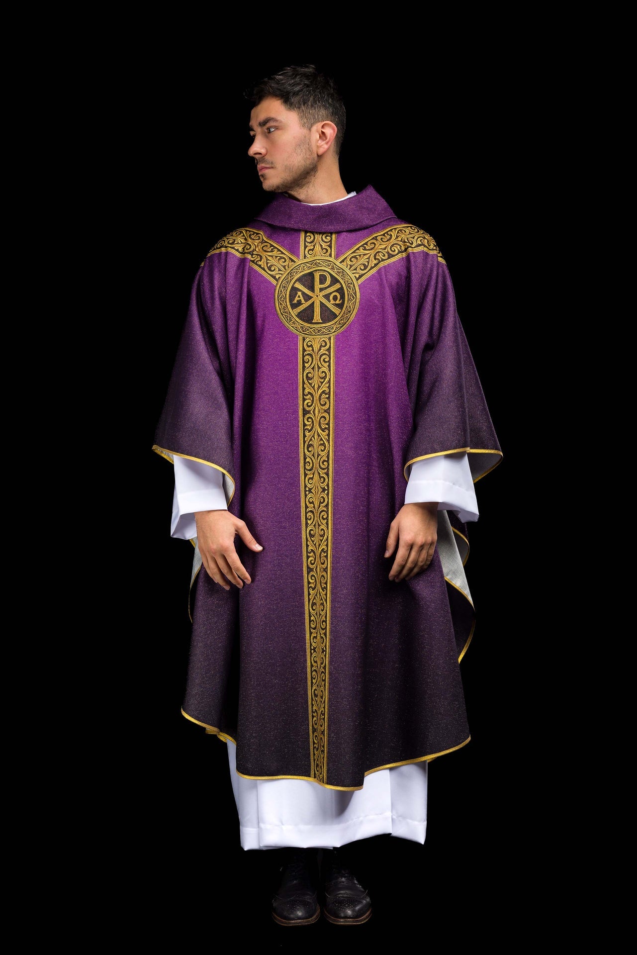 Purple printed Pax chasuble with rich gold ornamentation