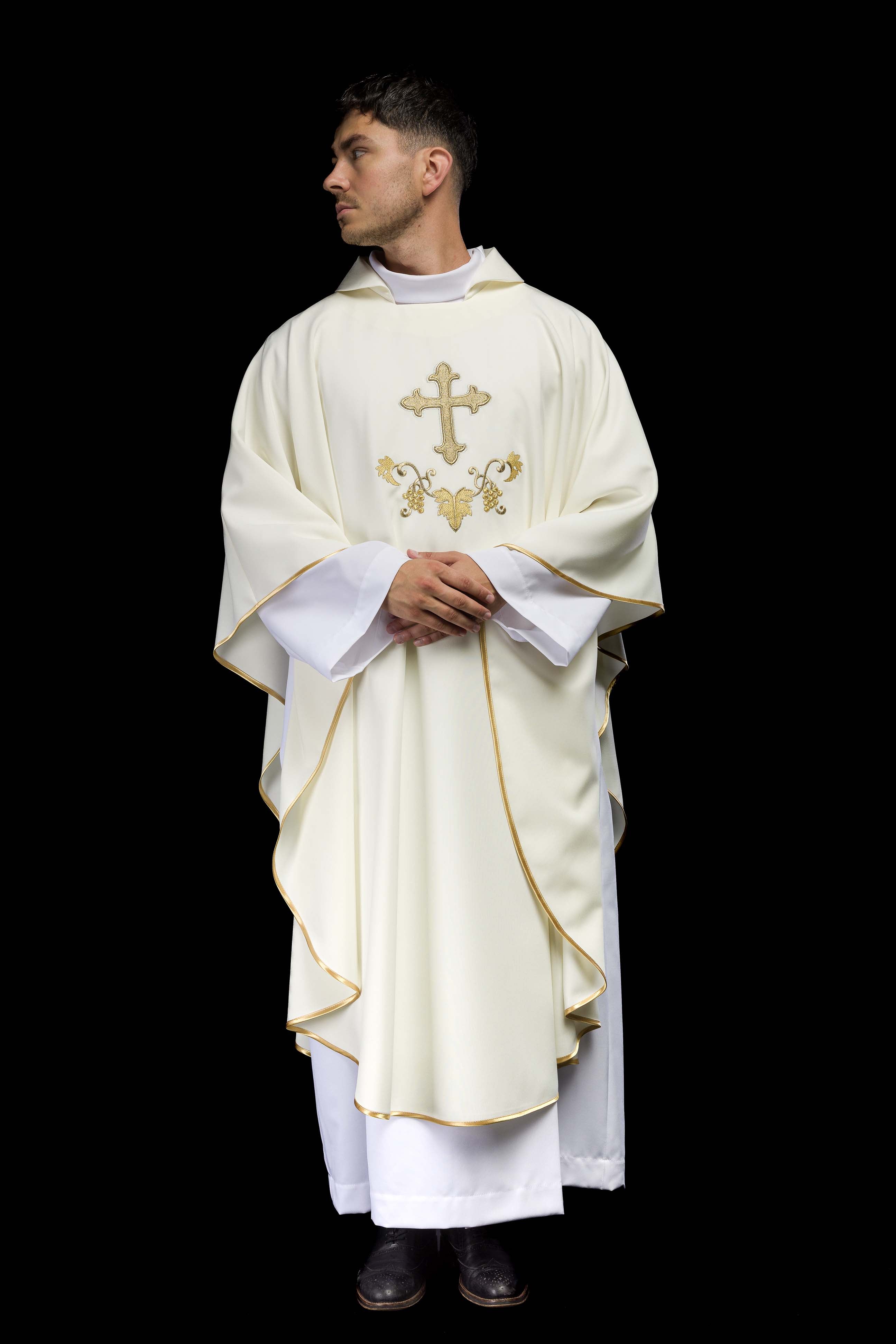 Chasuble with embroidered cross symbol and wide ecru collar