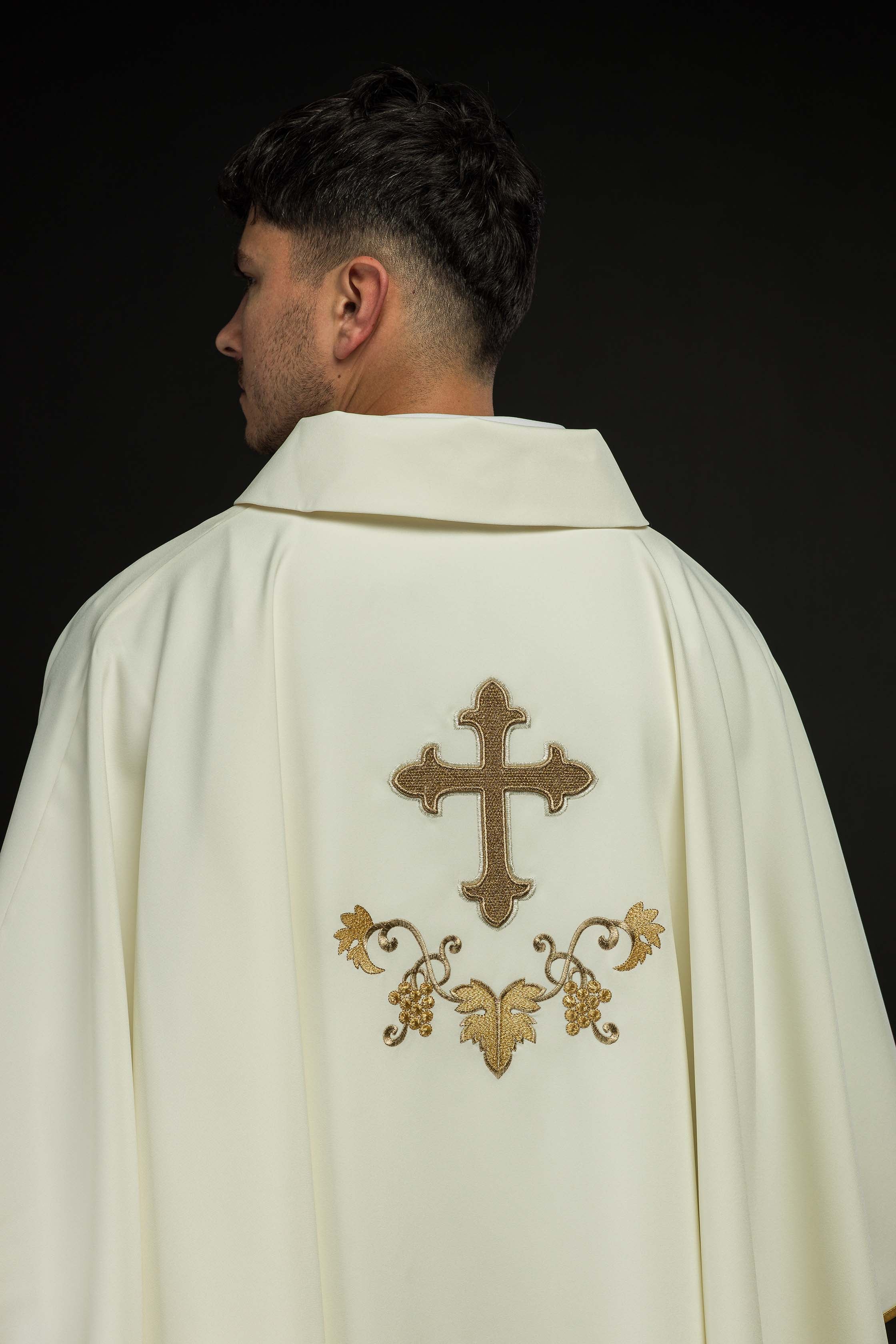 Chasuble with embroidered cross symbol and wide ecru collar