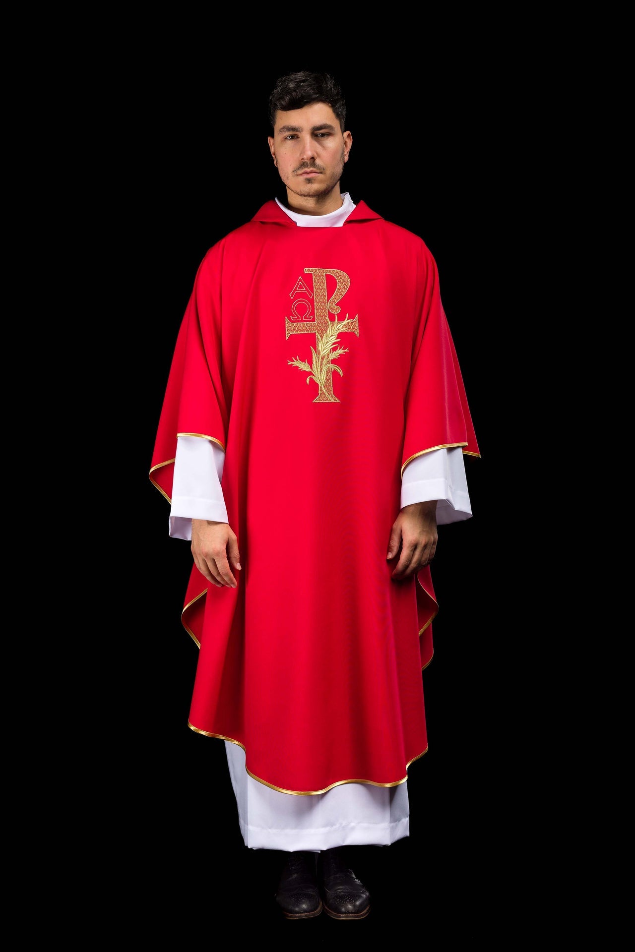 Red embroidered chasuble with Alpha and Omega symbol and wide collar