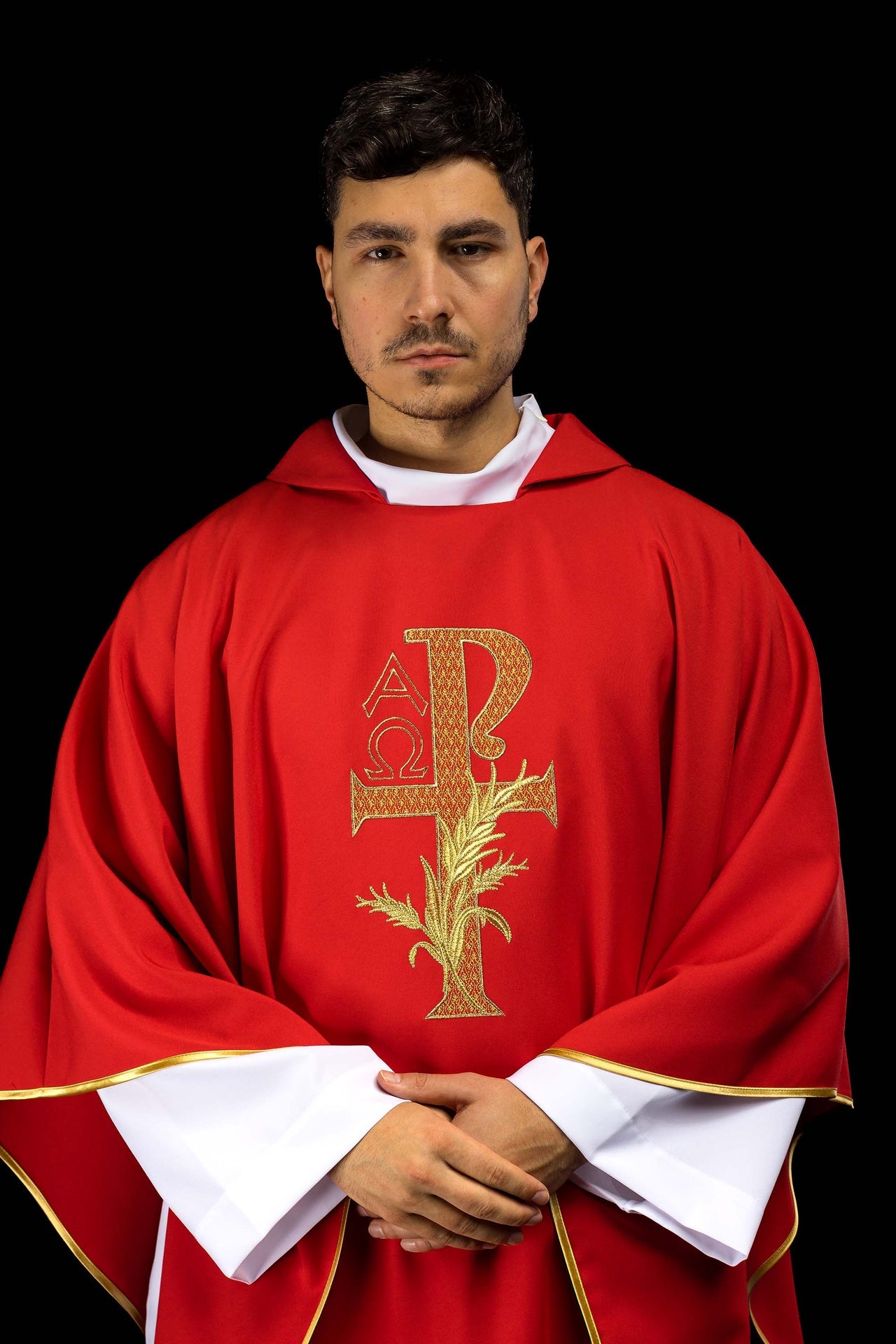 Red embroidered chasuble with Alpha and Omega symbol and wide collar