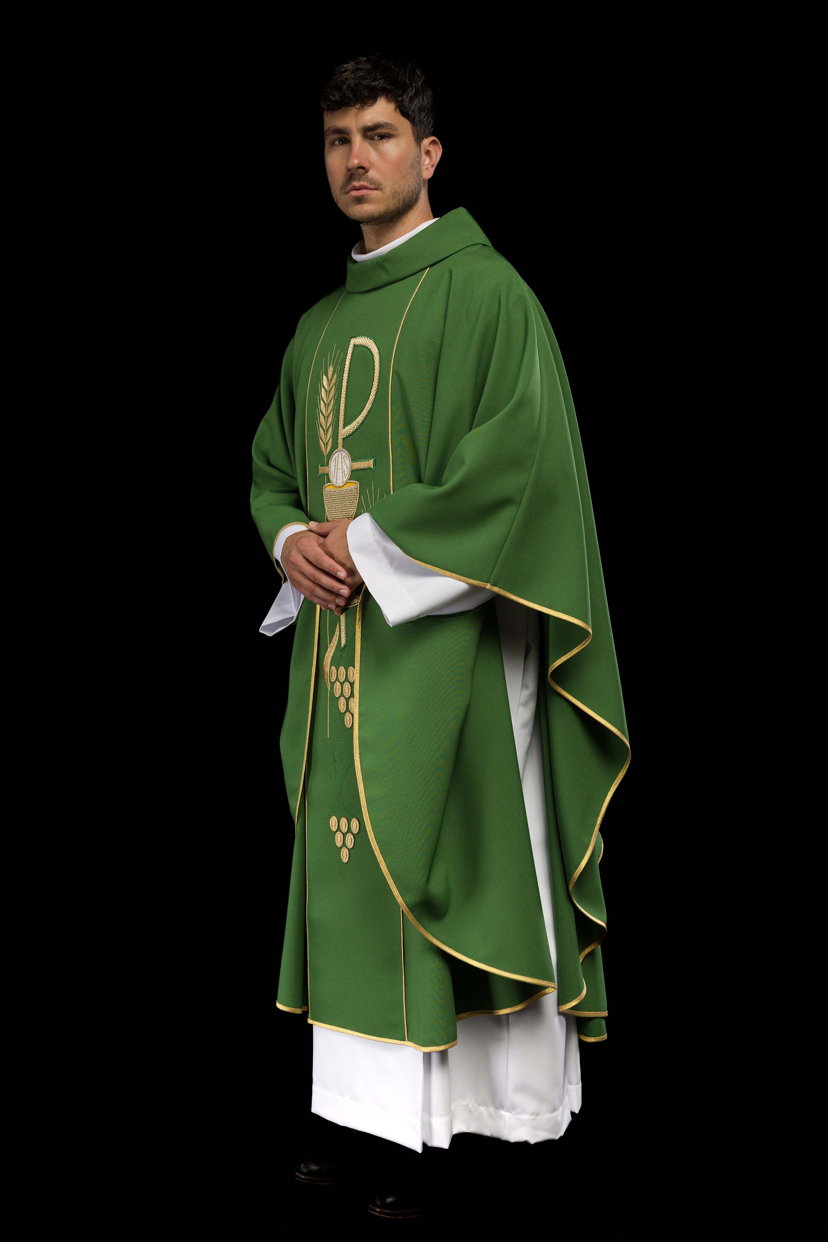 Green chasuble embroidered with IHS Chalice pattern - CHASUBLES.COM