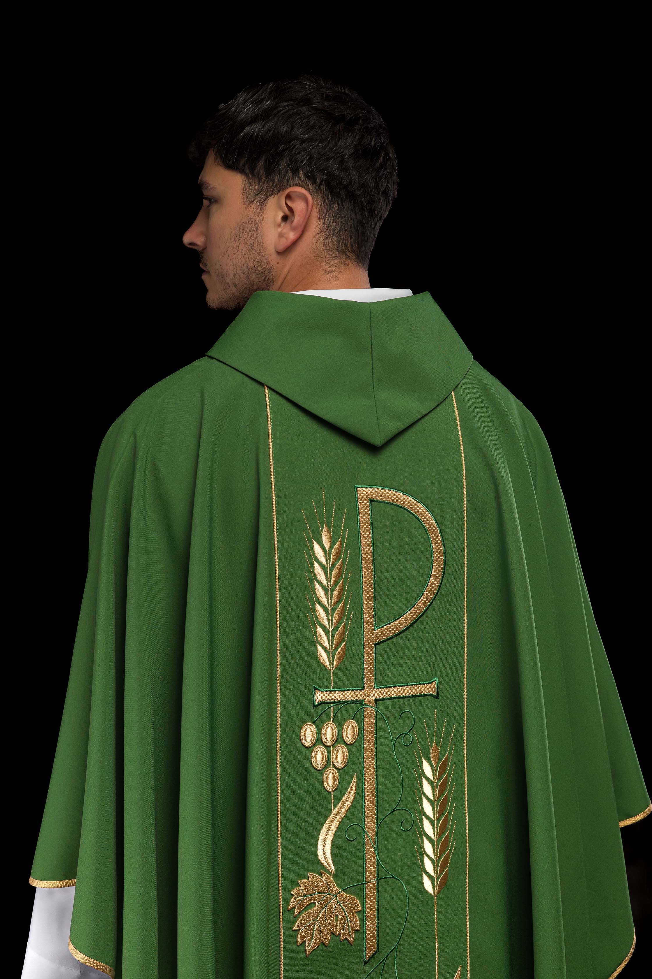 Green chasuble embroidered with IHS Chalice pattern - CHASUBLES.COM